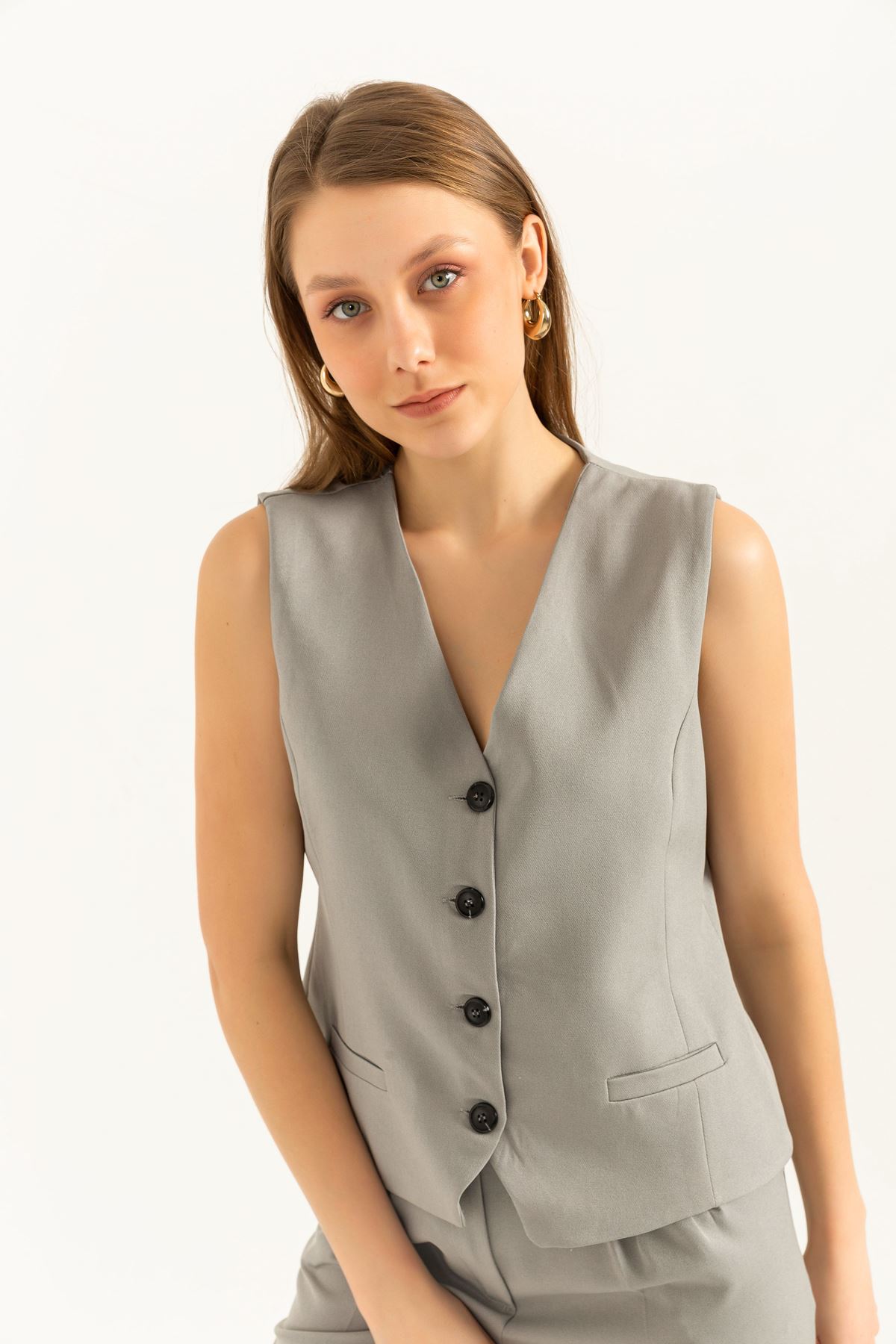 Atlas Fabric V Neck Short Pocket detailed Women Button Vest-Grey