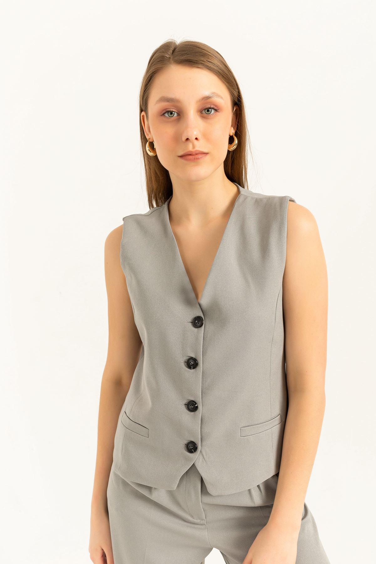 Atlas Fabric V Neck Short Pocket detailed Women Button Vest-Grey