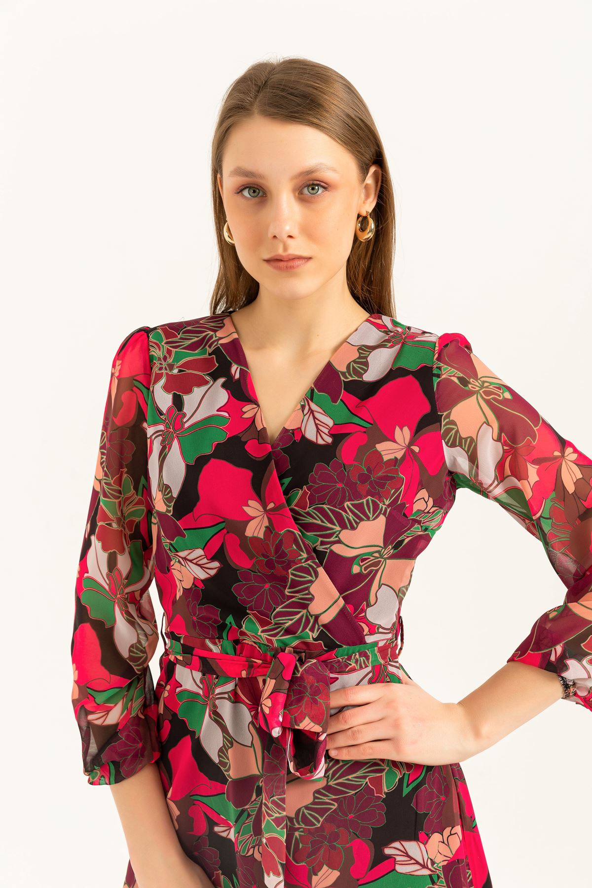 Chiffon Long Sleeved Surplice Neck Floral Patterned Women Dress-Fuchia