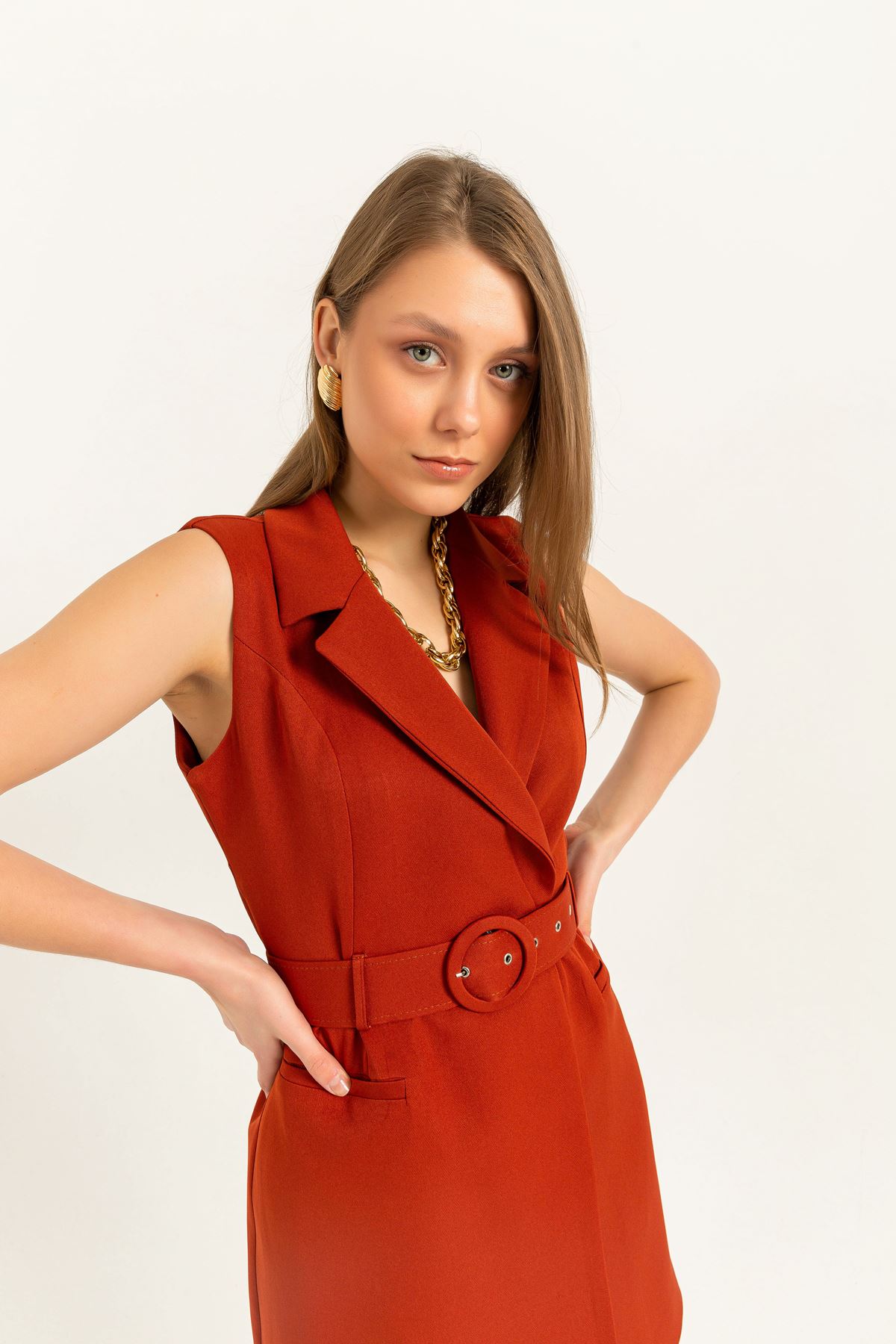Atlas Fabric Revere Collar Long Women Vest-Brick 