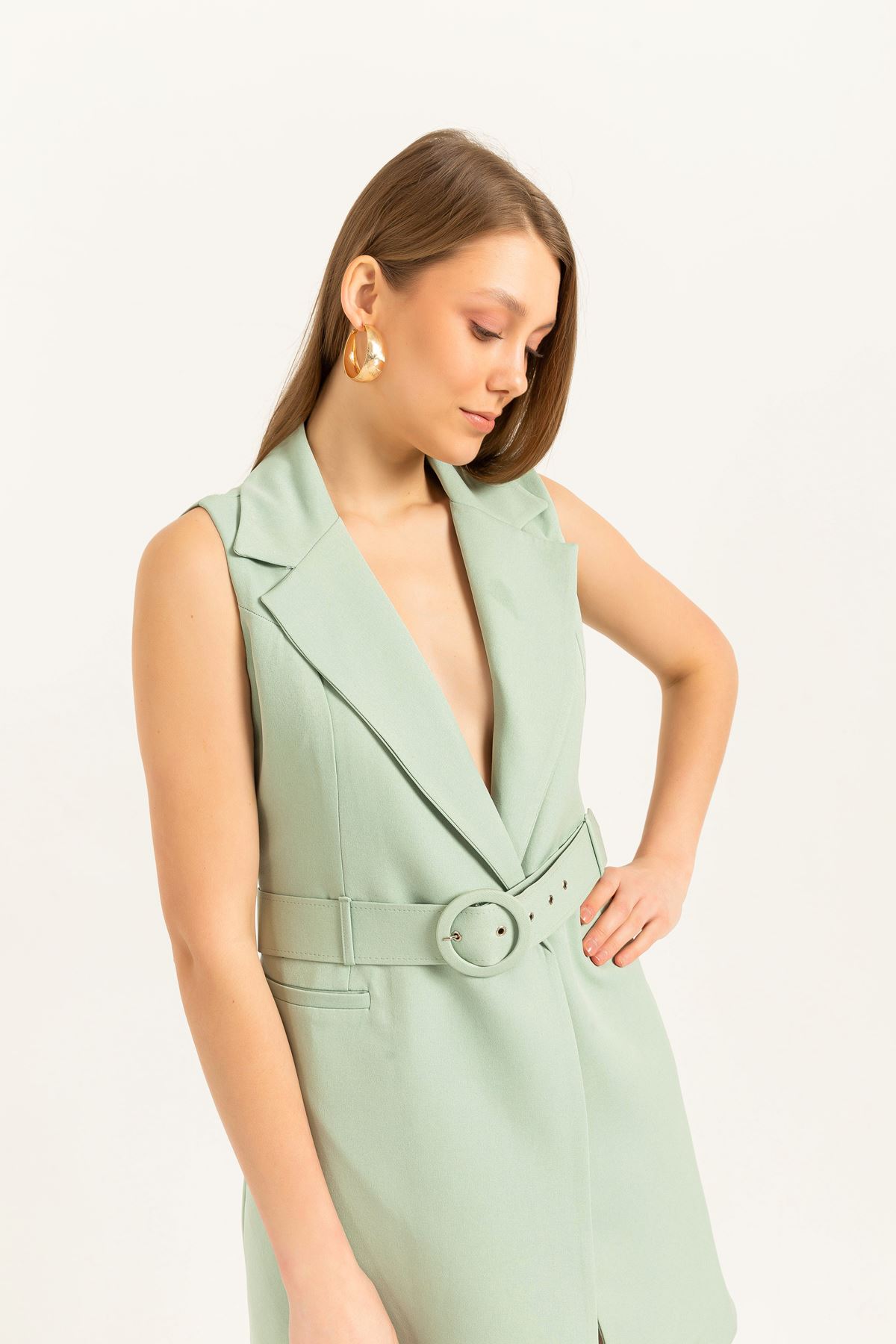 Atlas Kumaş Ceket Yaka Kısa Kadın Yelek Elbise-Mint