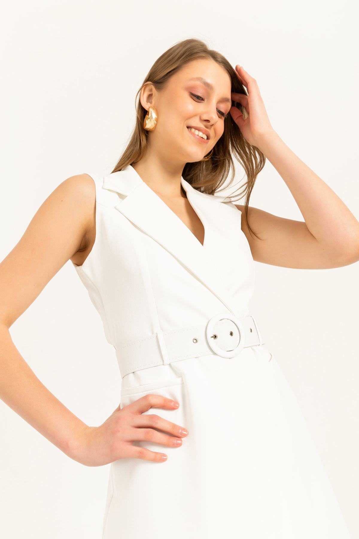 Atlas Fabric Revere Collar Long Women Vest-Ecru