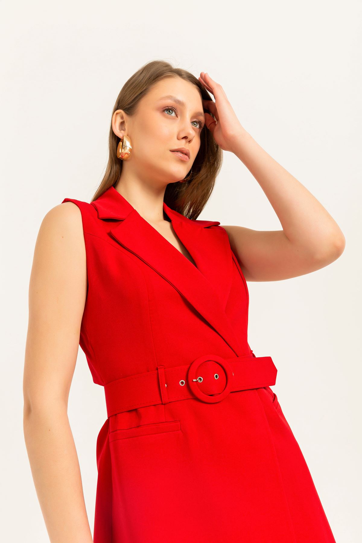 Atlas Kumaş Ceket Yaka Kısa Kadın Yelek Elbise-Kırmızı