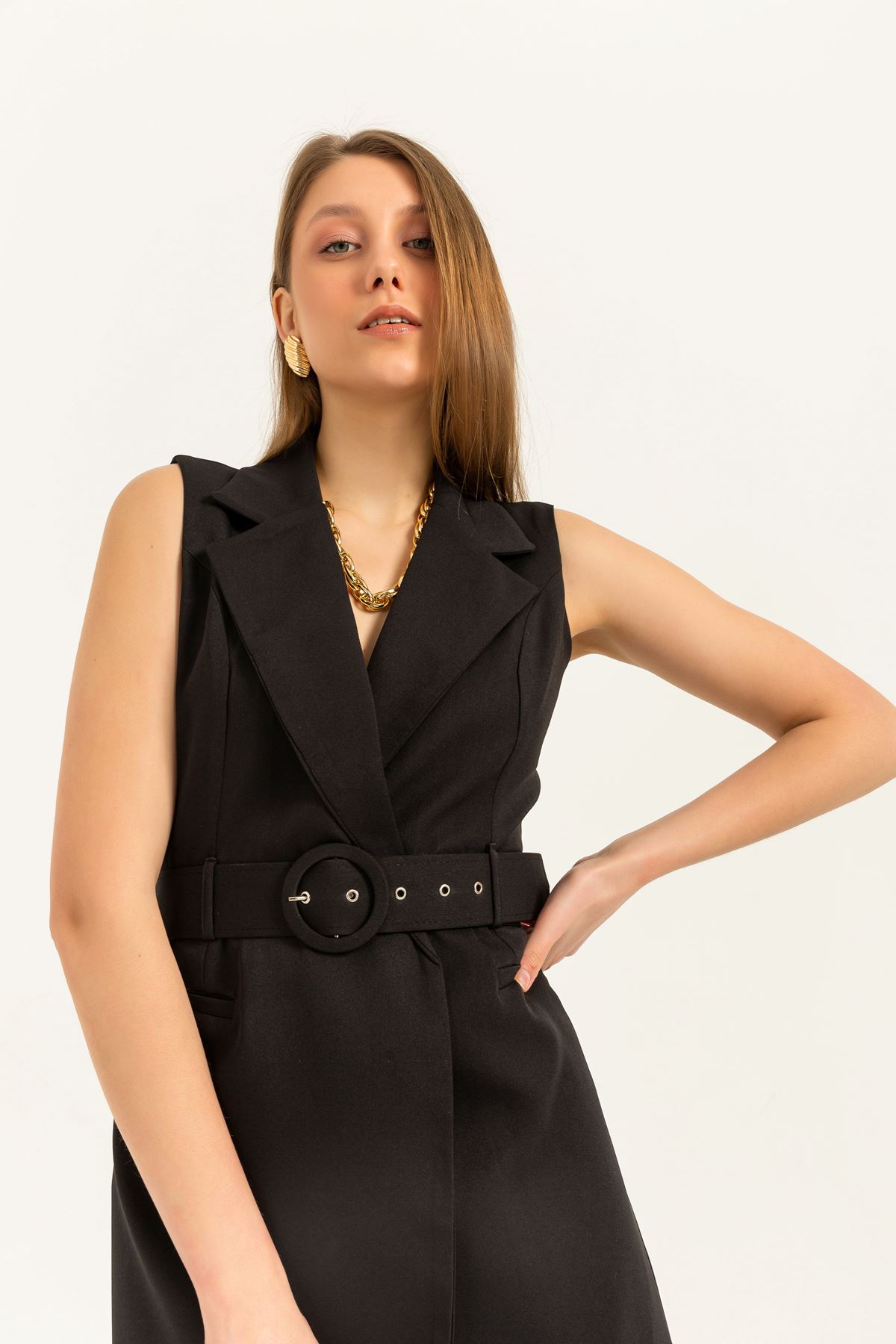 Atlas Kumaş Ceket Yaka Kısa Kadın Yelek Elbise-Siyah