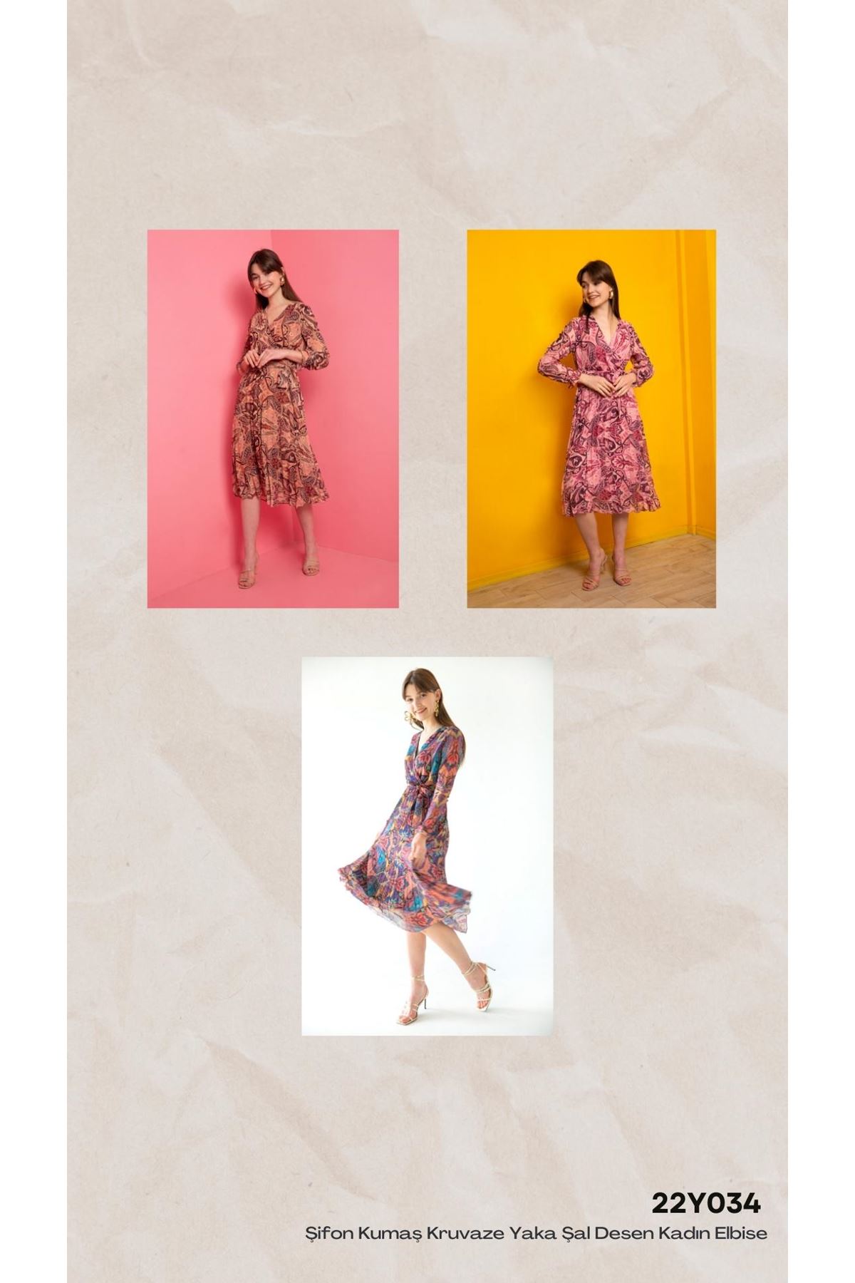 Chiffon Fabric Band Neck Shawl Pattern Women Dress - Pink