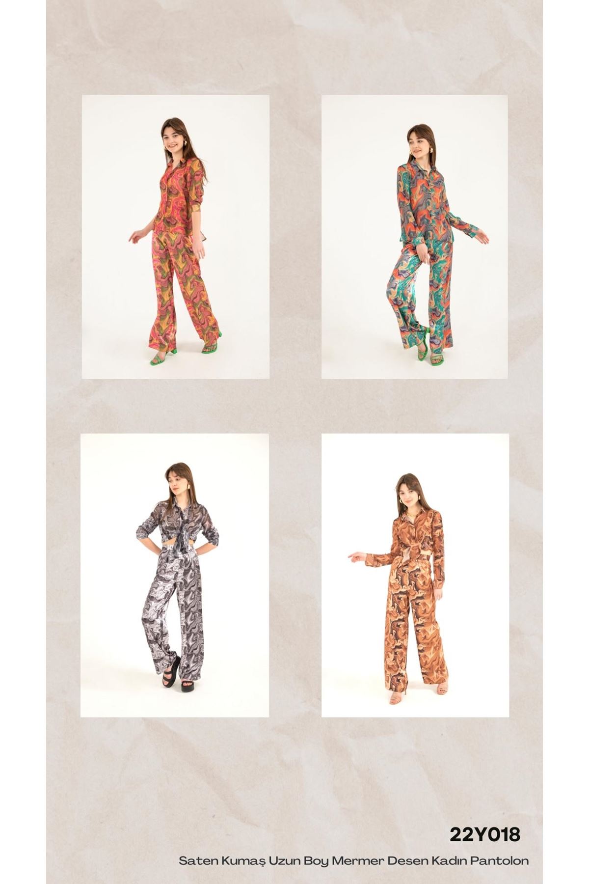 Seda Linen Fabric Long Marble Pattern Women Pants-Brown