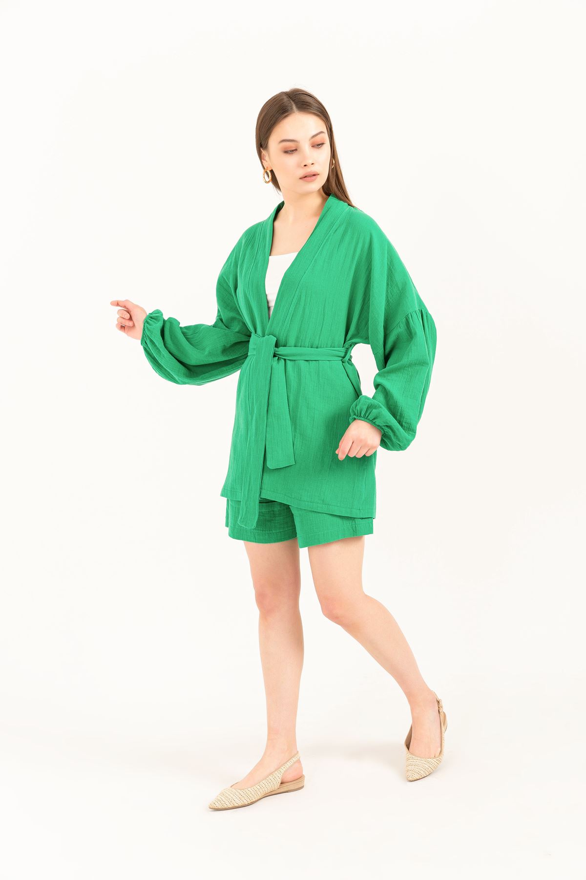Muslin Fabric Ballon Sleeve Comfy Women Kimono -Green