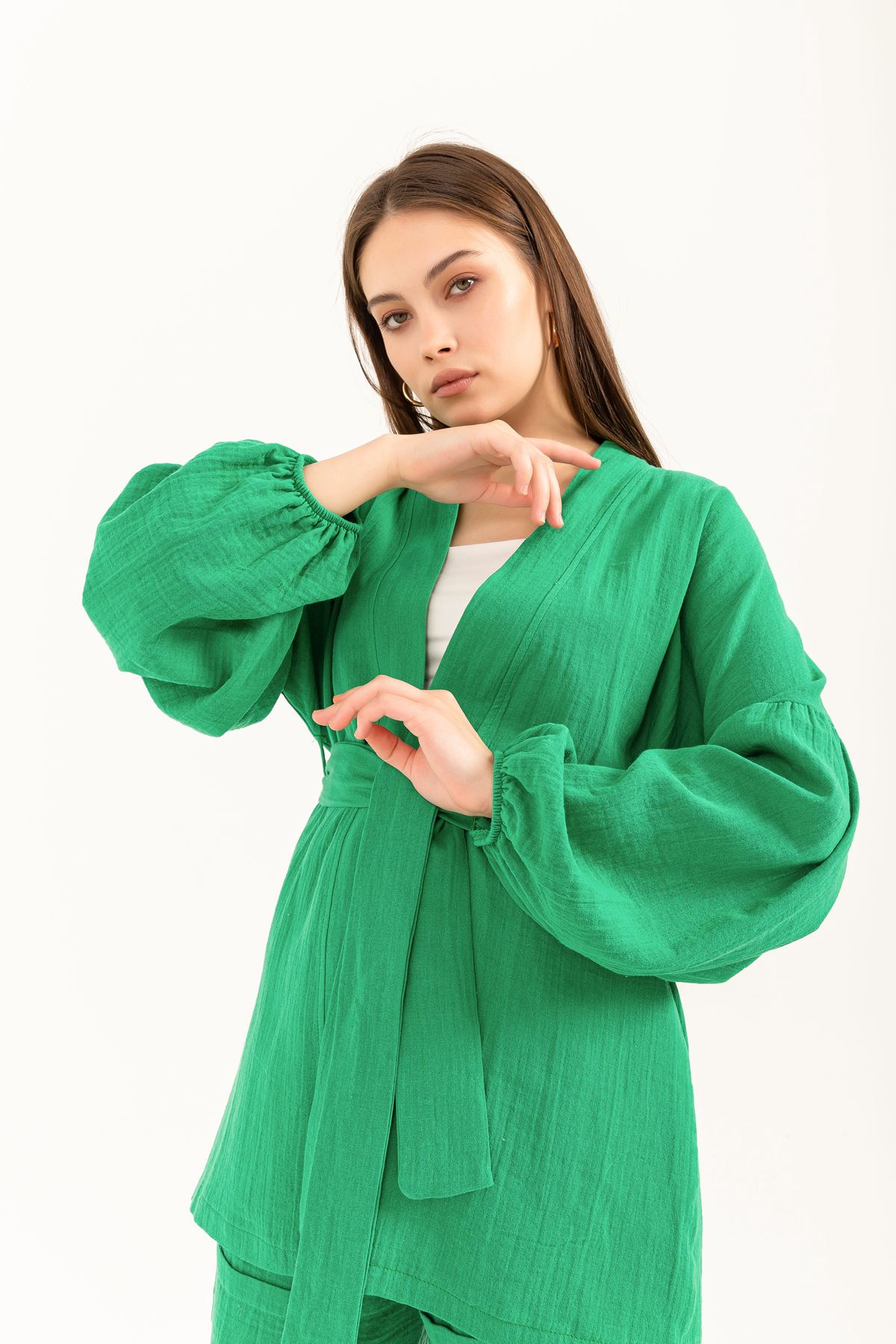 Muslin Fabric Ballon Sleeve Comfy Women Kimono -Green
