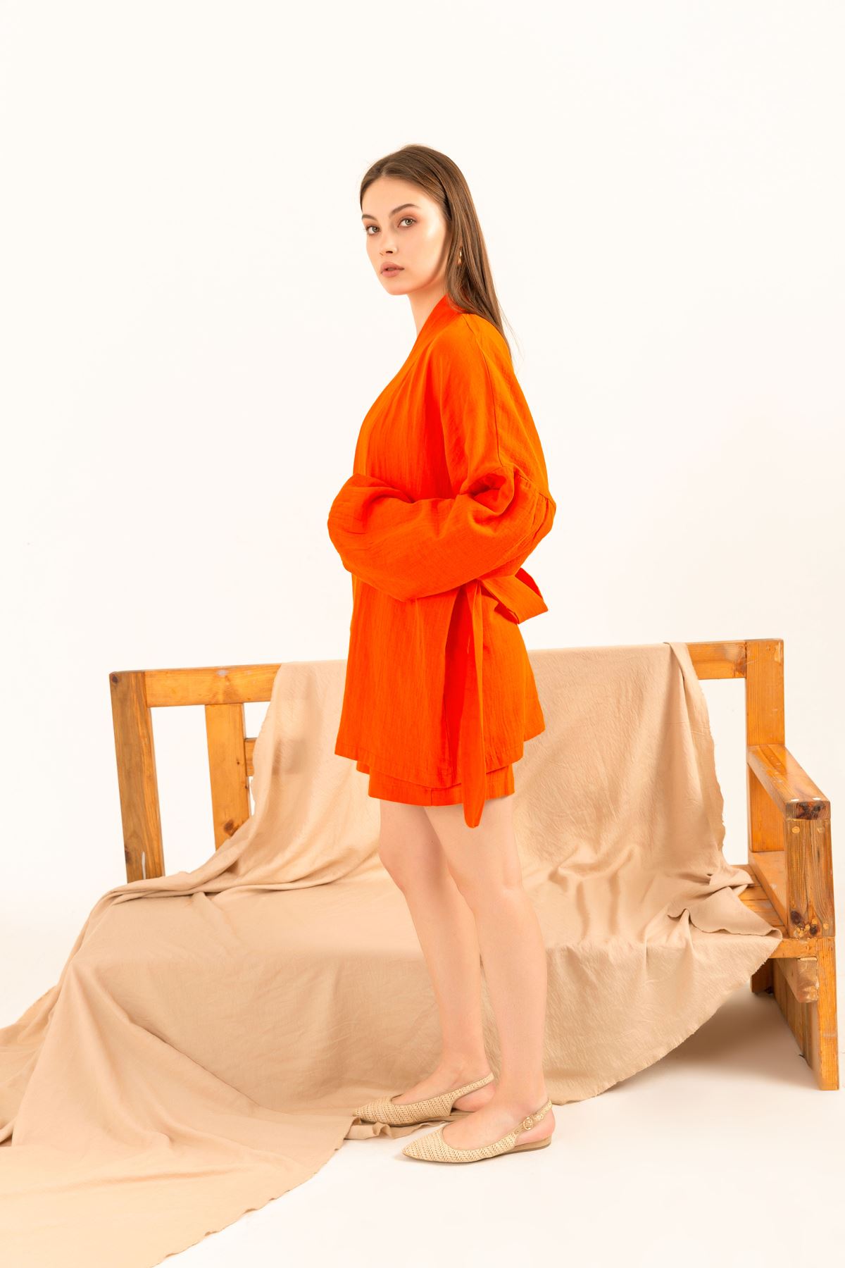 Müslin Kumaş Balon Kollu Rahat Kalıp Kadın Kimono-Oranj