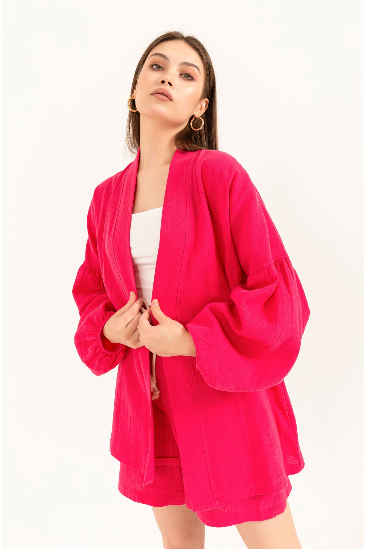Muslin Fabric Ballon Sleeve Comfy Women Kimono-Fuchia