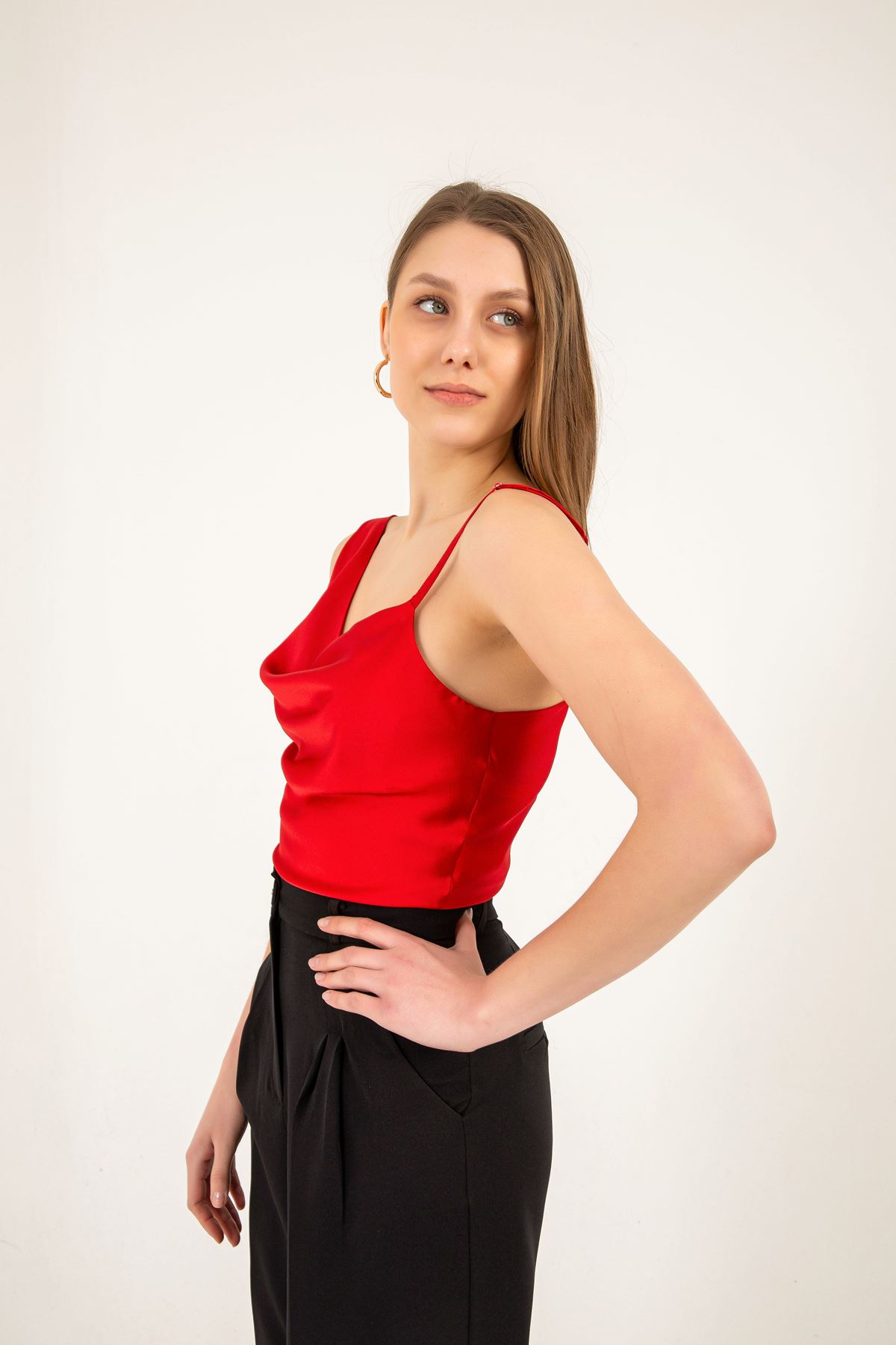 Satin Fabric Lapel Collar Women Crop-Red