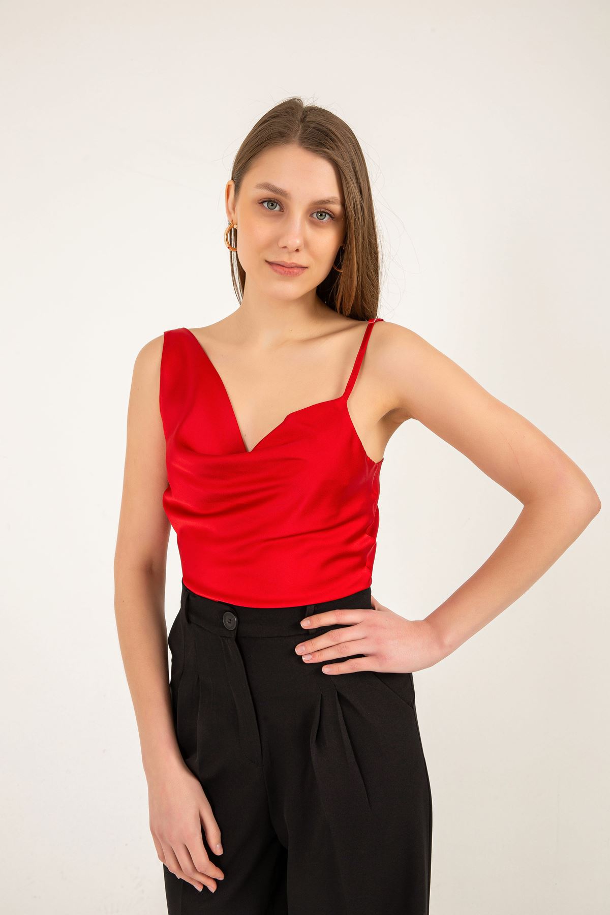 Satin Fabric Lapel Collar Women Crop-Red