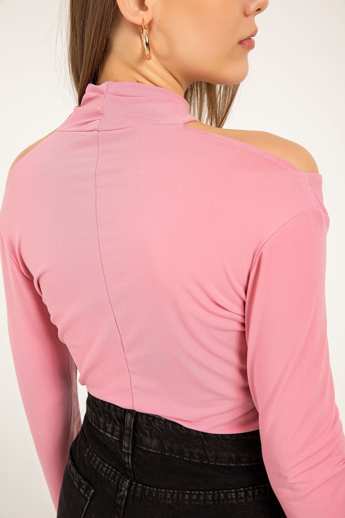 песчаная ткань длинный рукав женская боди блузка-Светло розовый