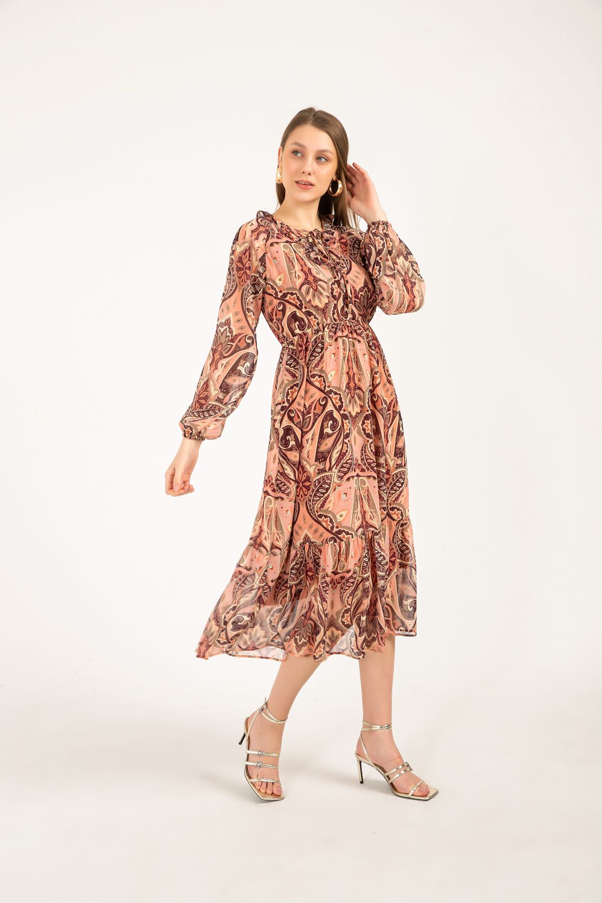 Chiffon Fabric Shawl Pattern Long Length Women's Dress-Beige