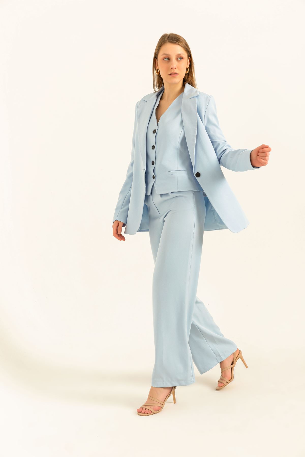 атлас ткань длинный рукав оверсайз женский пиджак-Голубой