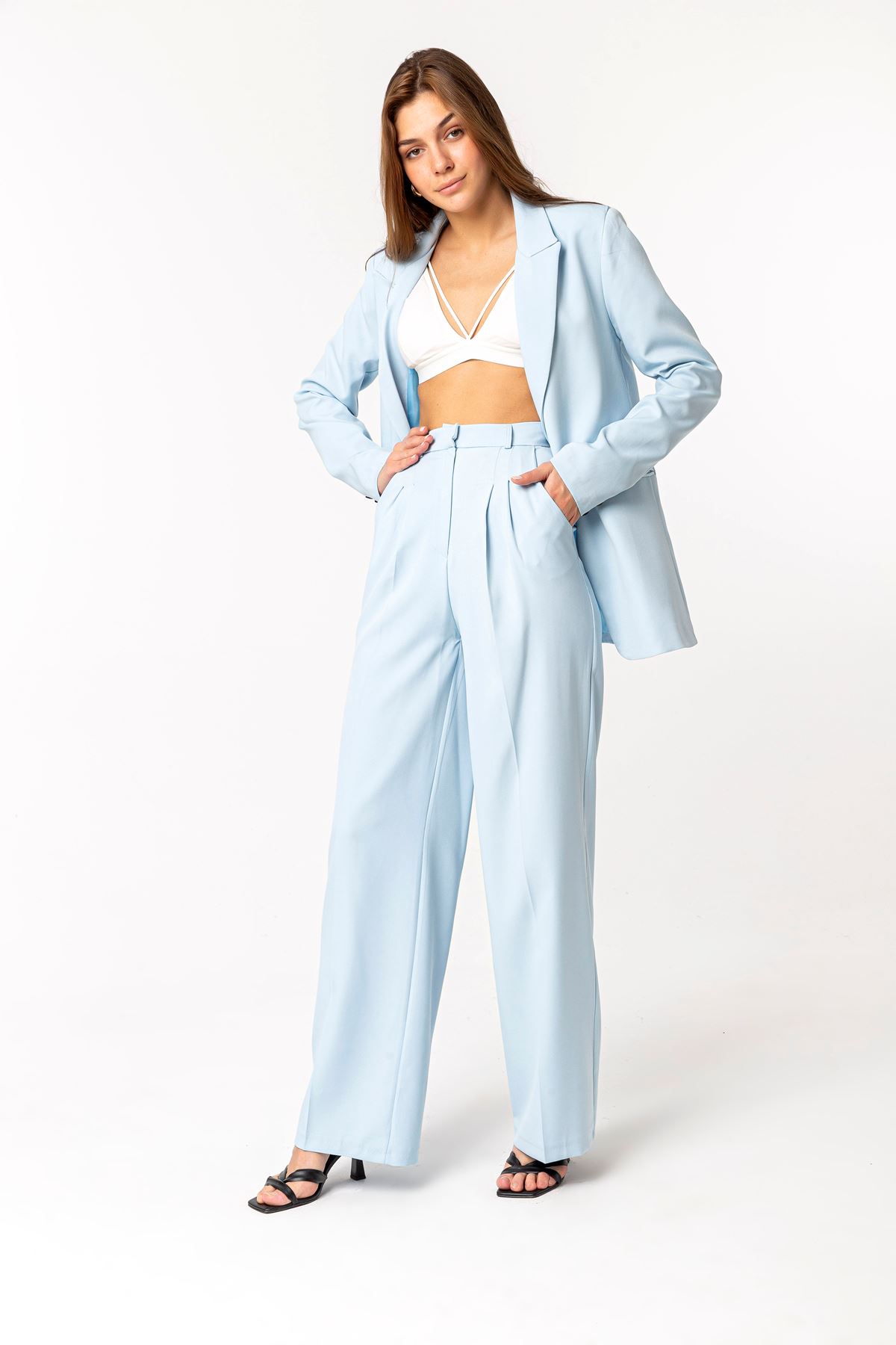 Atlas Fabric Long Sleeve Comfy Women Palazzo Trouser-Light Blue