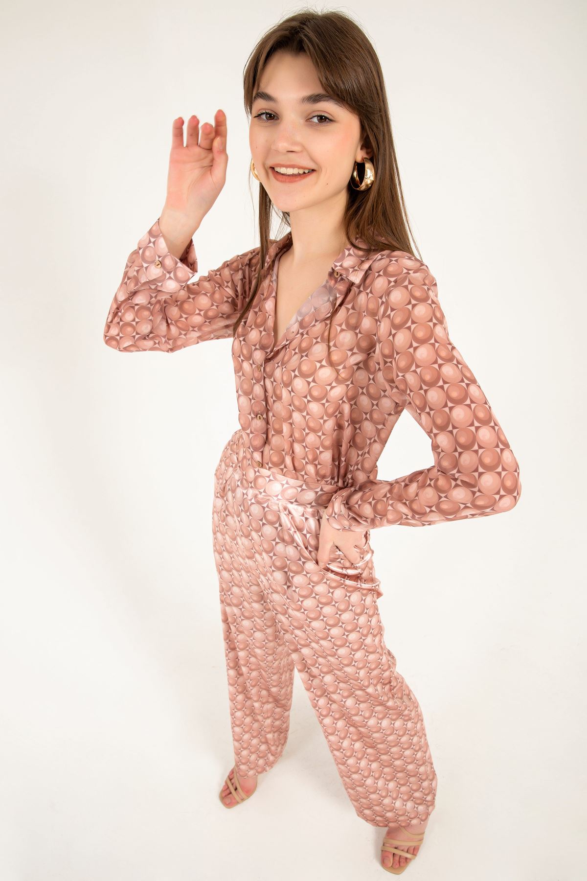 Satin Fabric Long Comfy Geometric Pattern Women Trouser-Brown