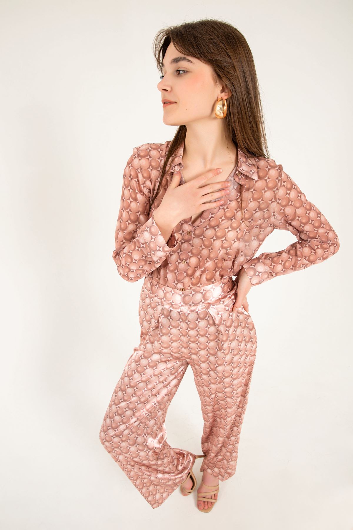 Satin Fabric Long Comfy Geometric Pattern Women Trouser-Brown
