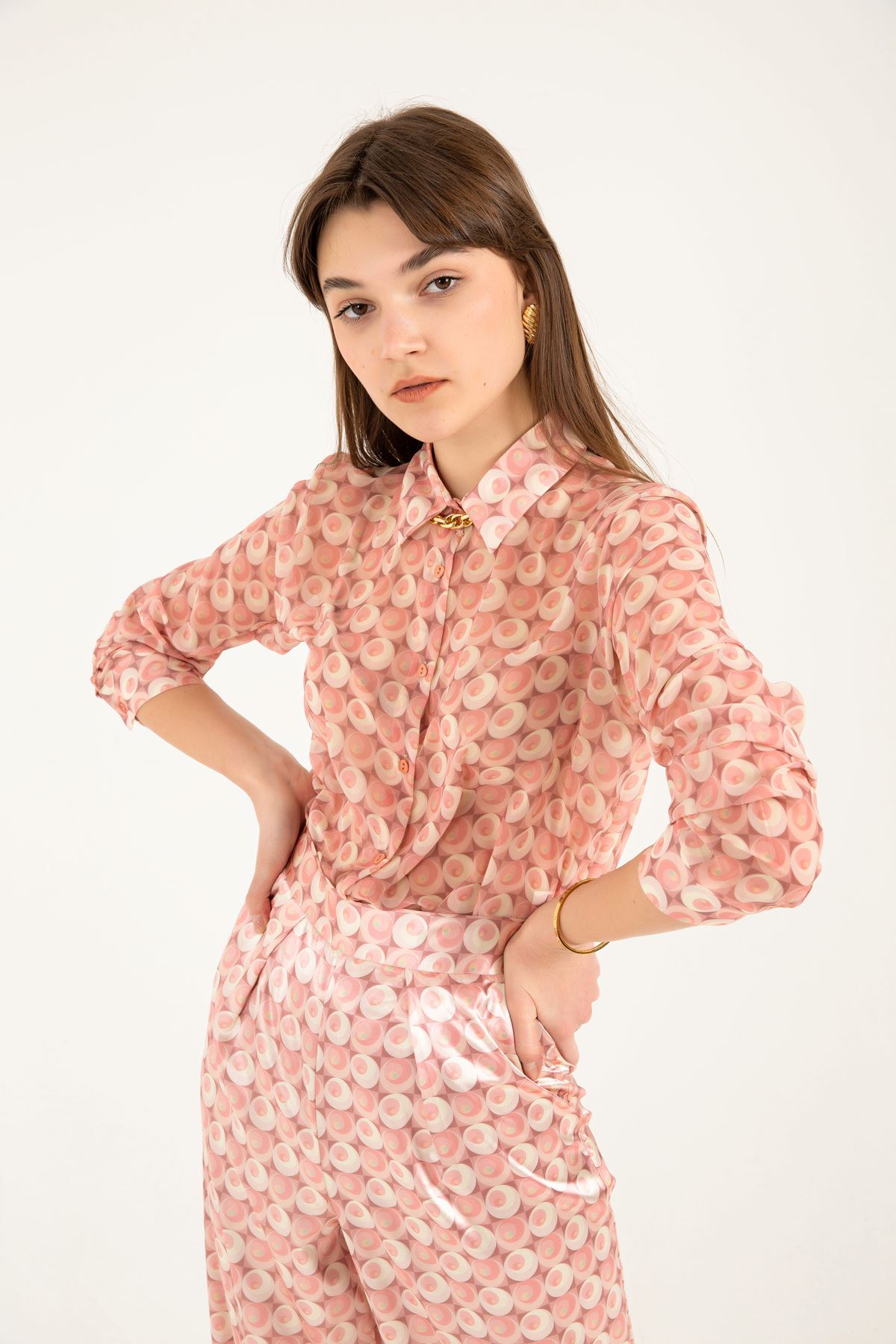 Satin Fabric Long Comfy Geometric Pattern Women Trouser-Pink