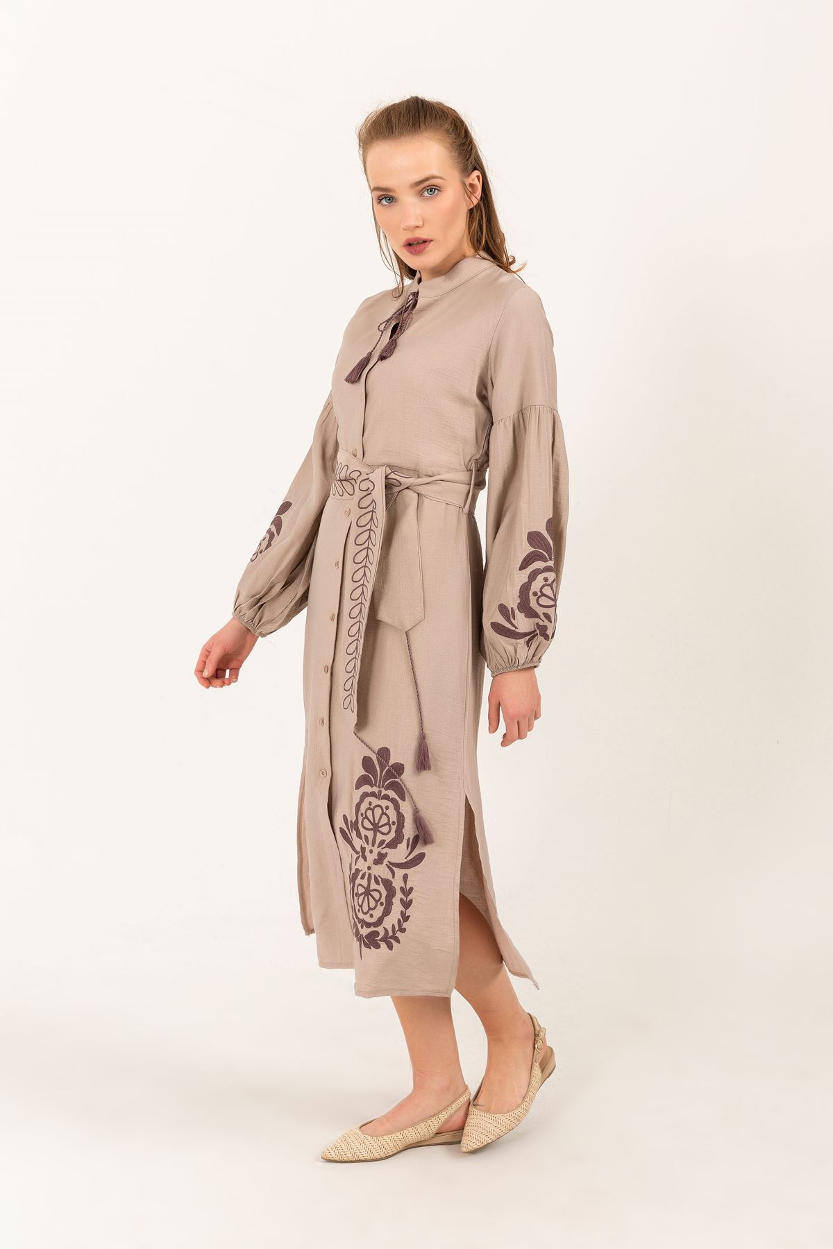 льняная ткань стойка воротник женское платье с узорами-цвет лисичек 