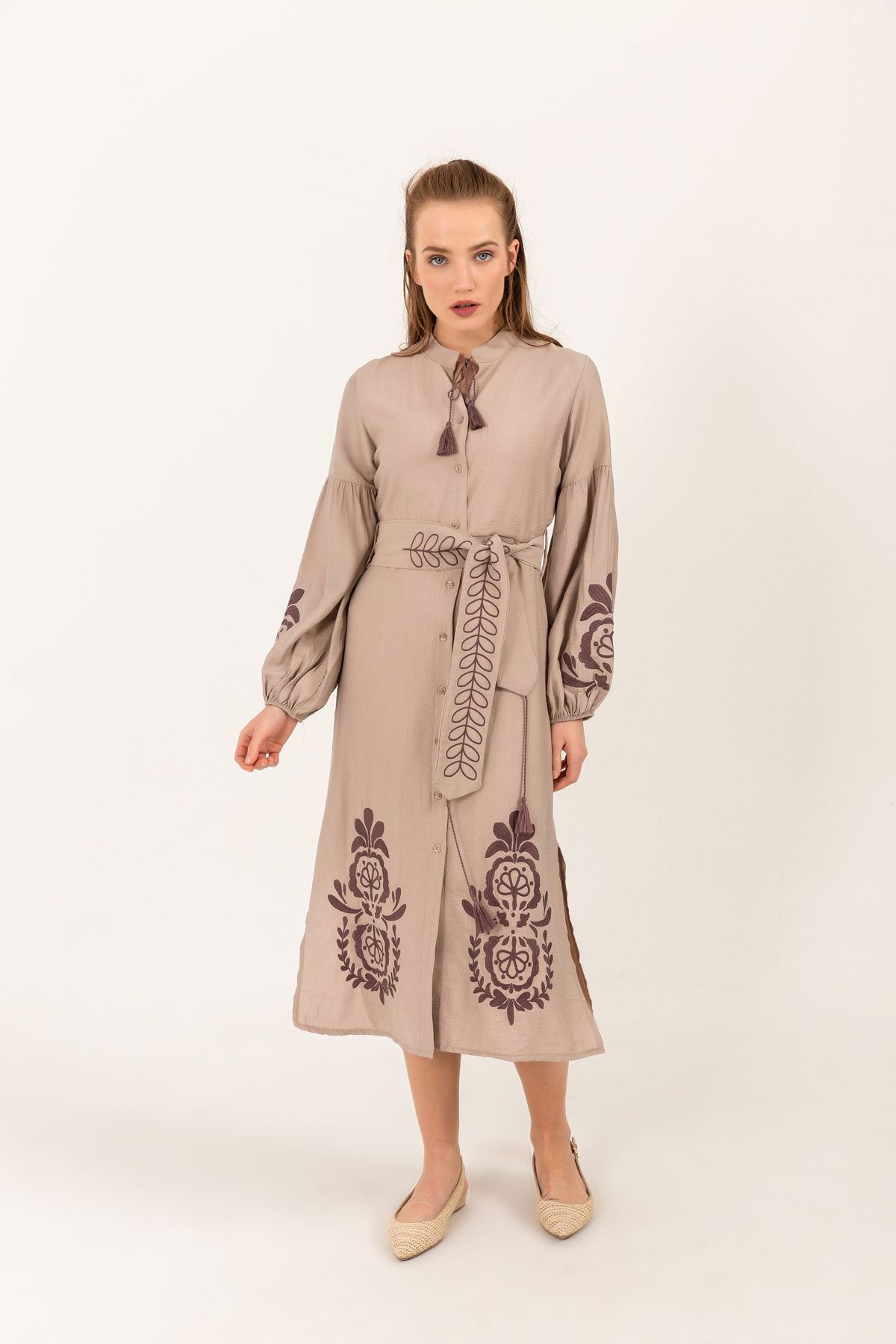 Linen Fabric Band Collar Embroidery detailed Long Midi Dress-Mink