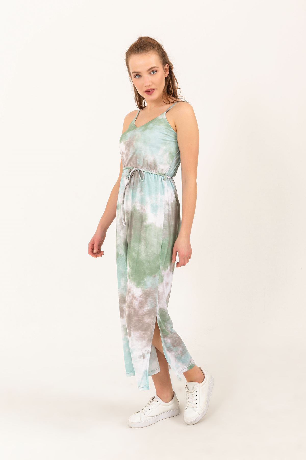 Süprem Kumaş İp Askılı Rahat Kalıp Batik Desen Kadın Elbise-Mint