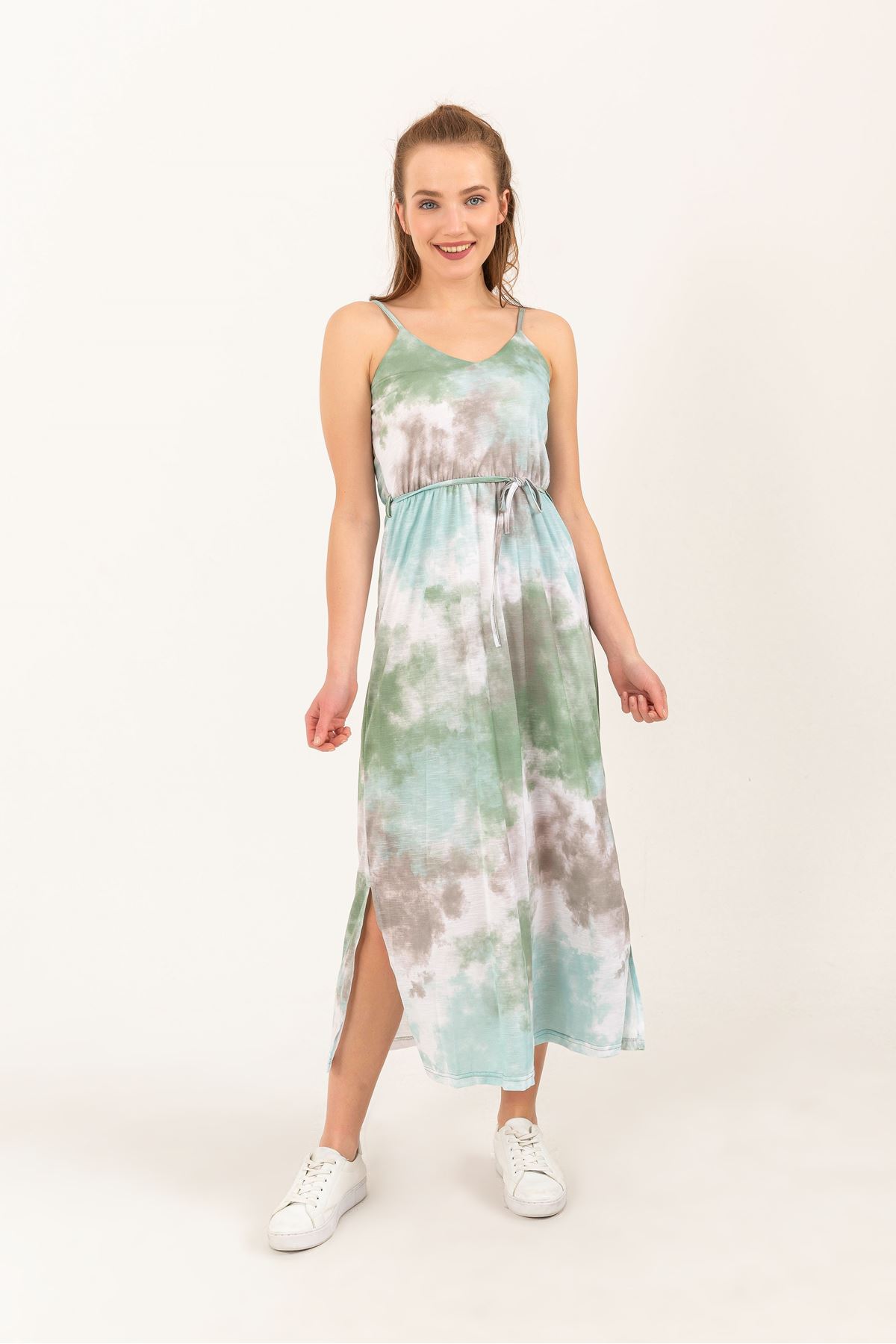 Süprem Kumaş İp Askılı Rahat Kalıp Batik Desen Kadın Elbise-Mint