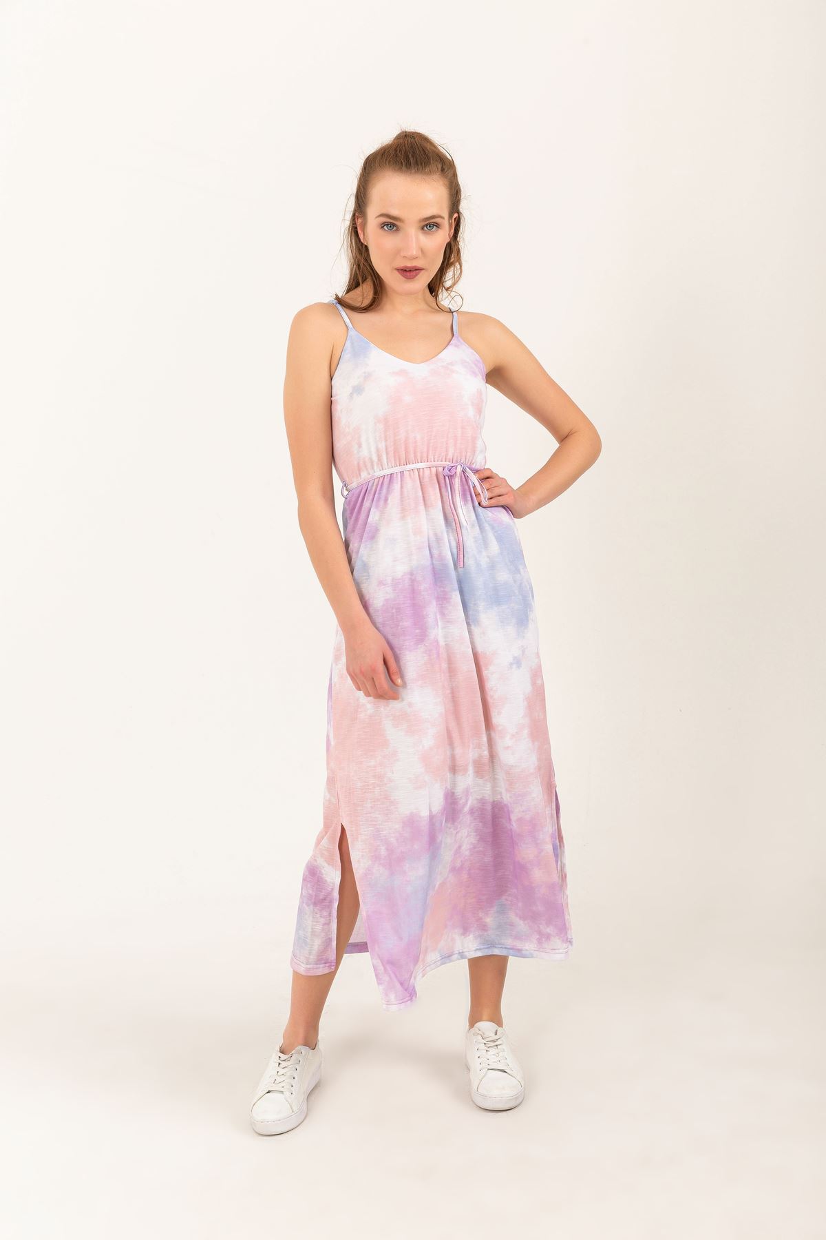 Süprem Kumaş İp Askılı Rahat Kalıp Batik Desen Kadın Elbise-Lila