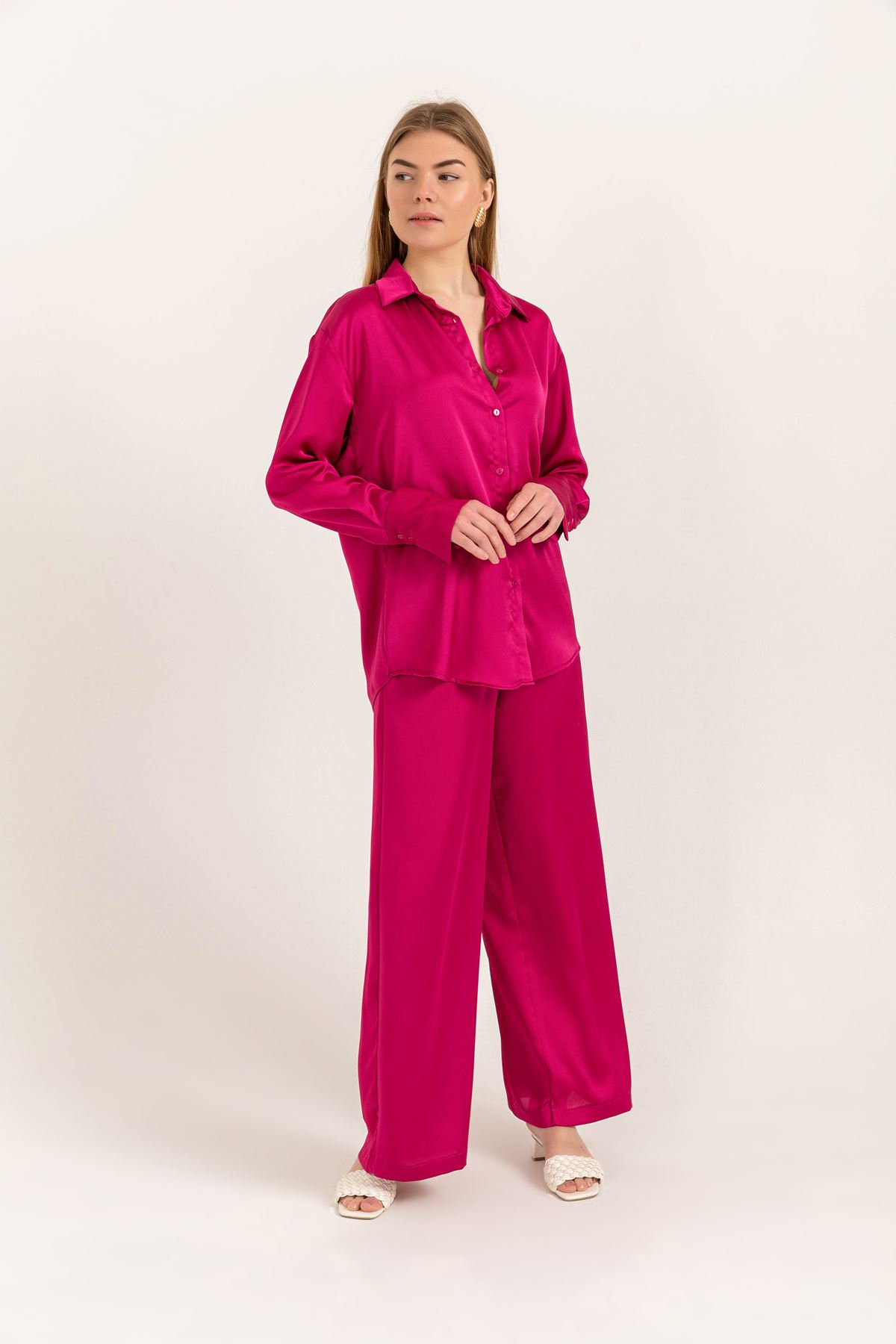 Eva Satin Fabric Long Comfy Women Trouser-Fuchia