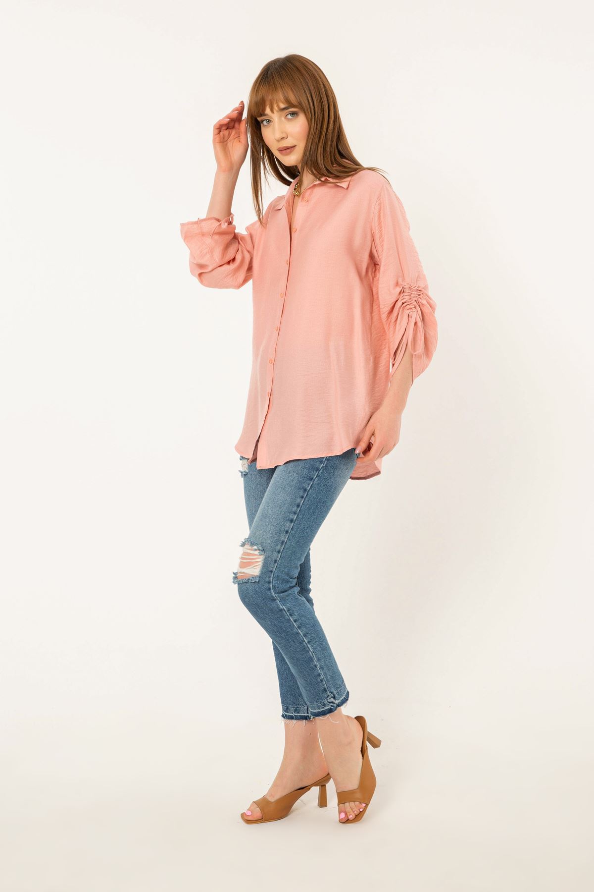 Linen Fabric Sleeve Detailed Oversize Women Shirt - Light Pink