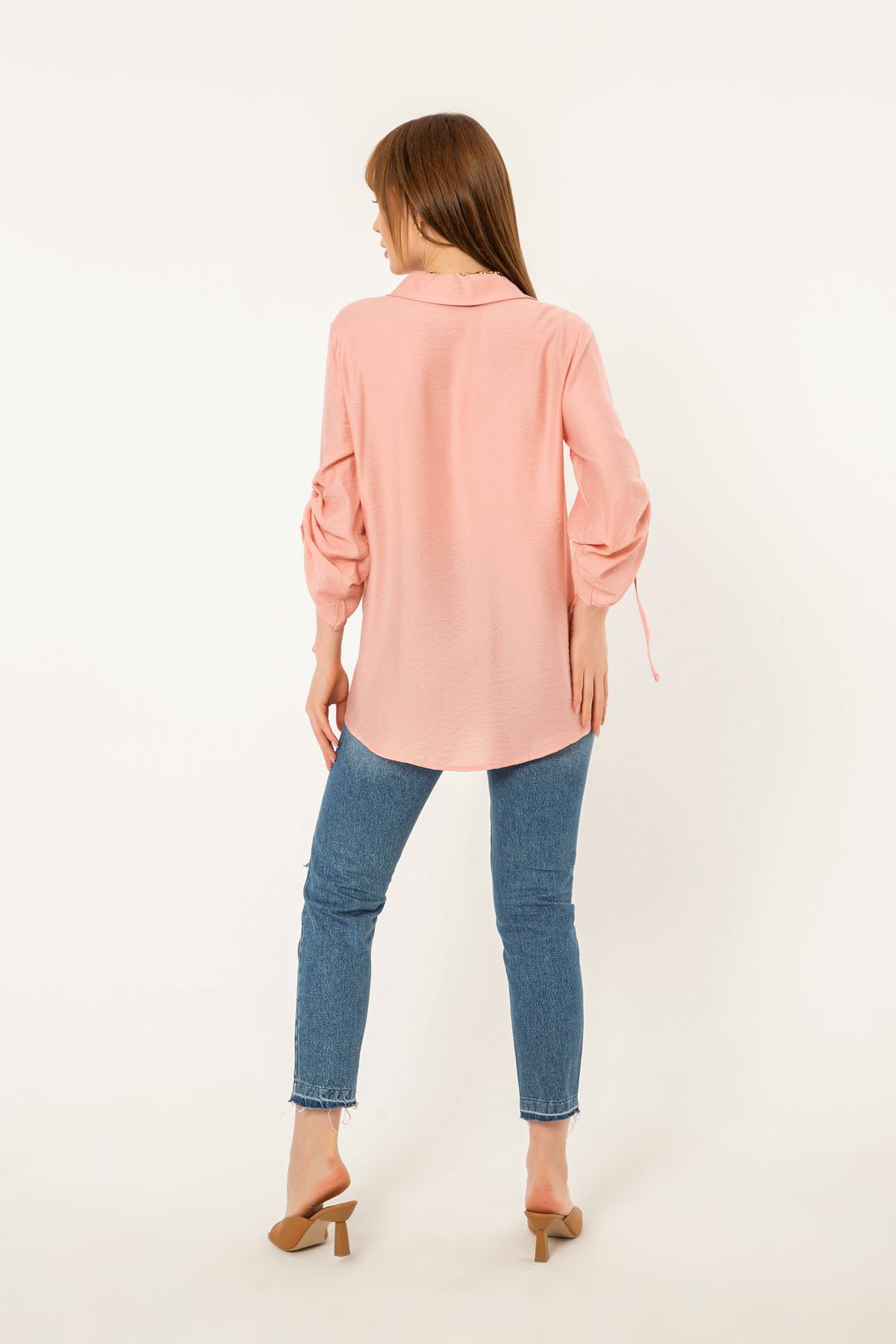 Linen Fabric Sleeve Detailed Oversize Women Shirt - Light Pink
