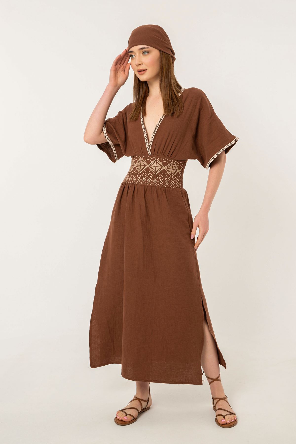 Müslin Fabric Embroidered Slit Detail Women Dress-Brown