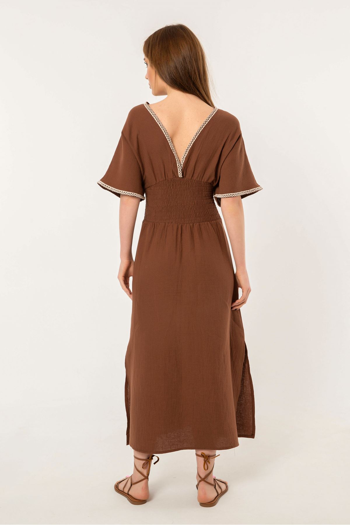 Müslin Fabric Embroidered Slit Detail Women Dress-Brown