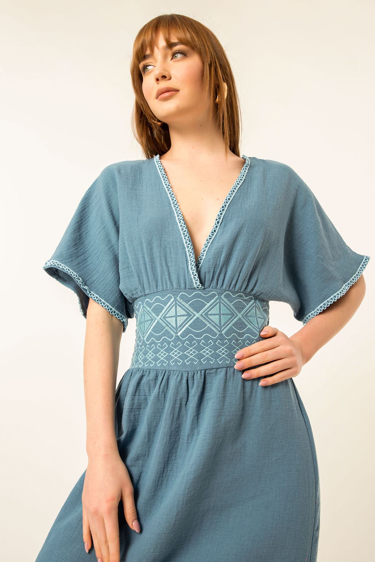 Müslin Fabric Embroidered Slit Detail Women Dress-İndigo