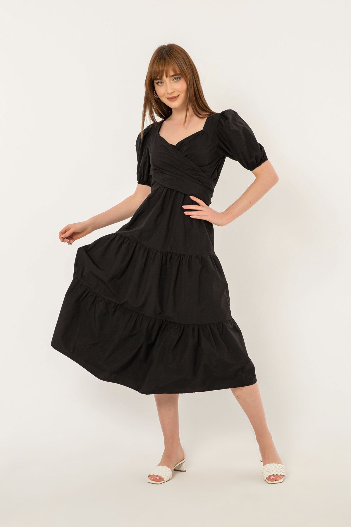 Soft Kumaş Balon Kol Bağlama Detaylı Kadın Elbise-Siyah