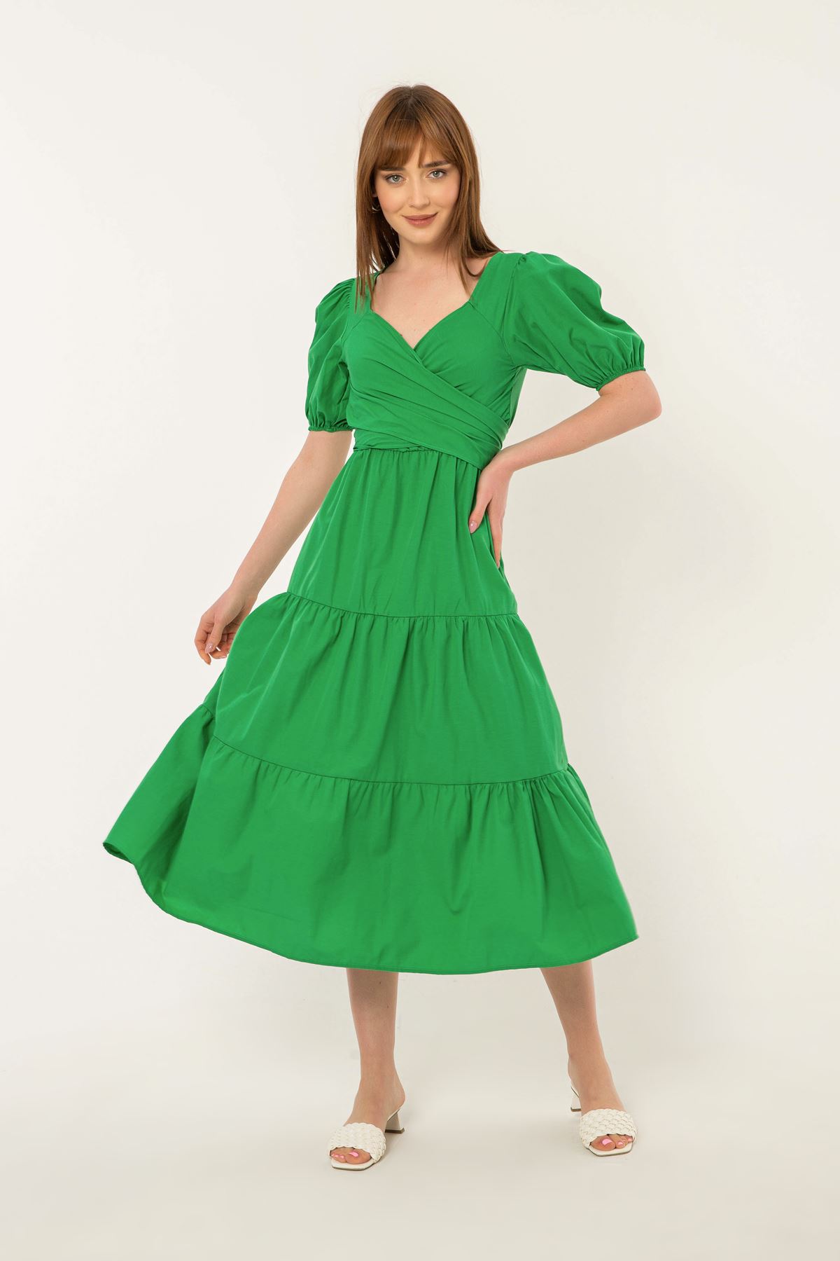 Soft Kumaş Balon Kol Bağlama Detaylı Kadın Elbise-Yeşil