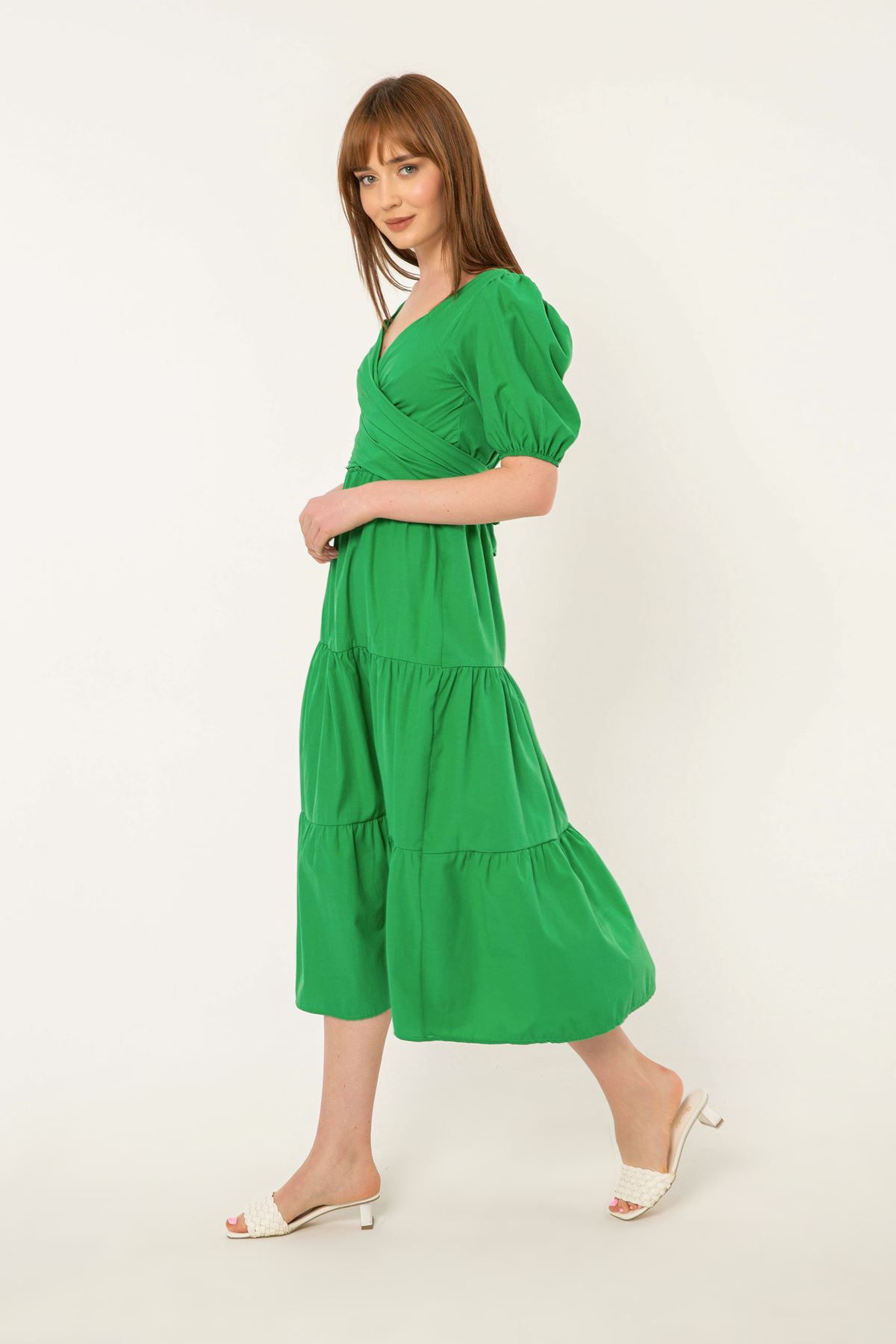 Soft Kumaş Balon Kol Bağlama Detaylı Kadın Elbise-Yeşil