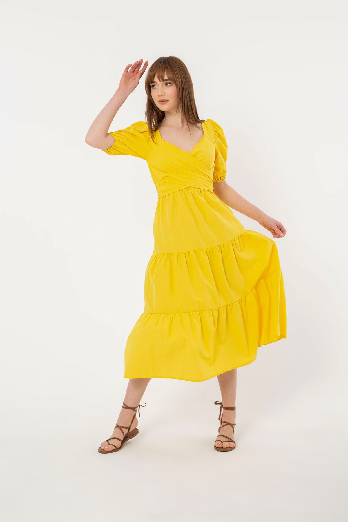 Soft Kumaş Balon Kol Bağlama Detaylı Kadın Elbise-Sarı