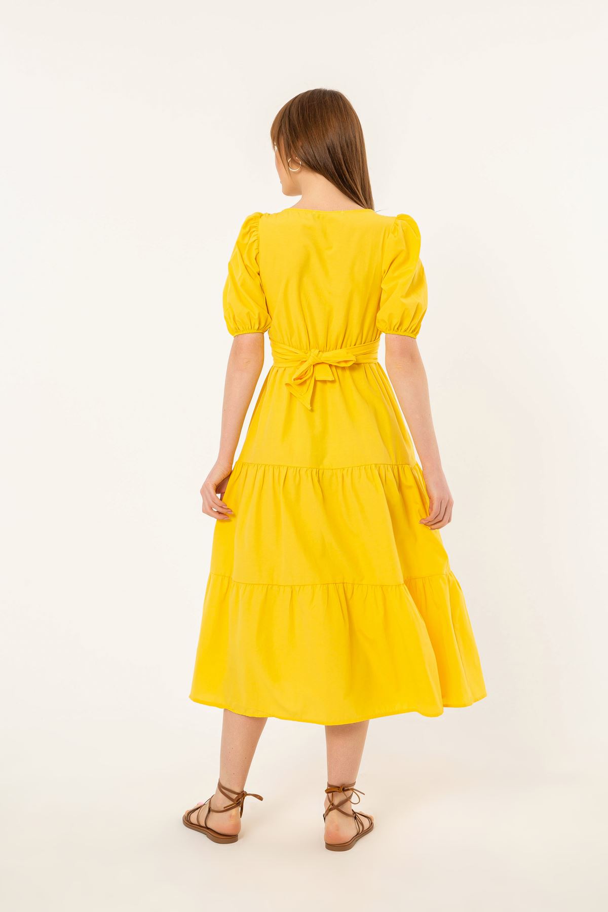 Soft Kumaş Balon Kol Bağlama Detaylı Kadın Elbise-Sarı
