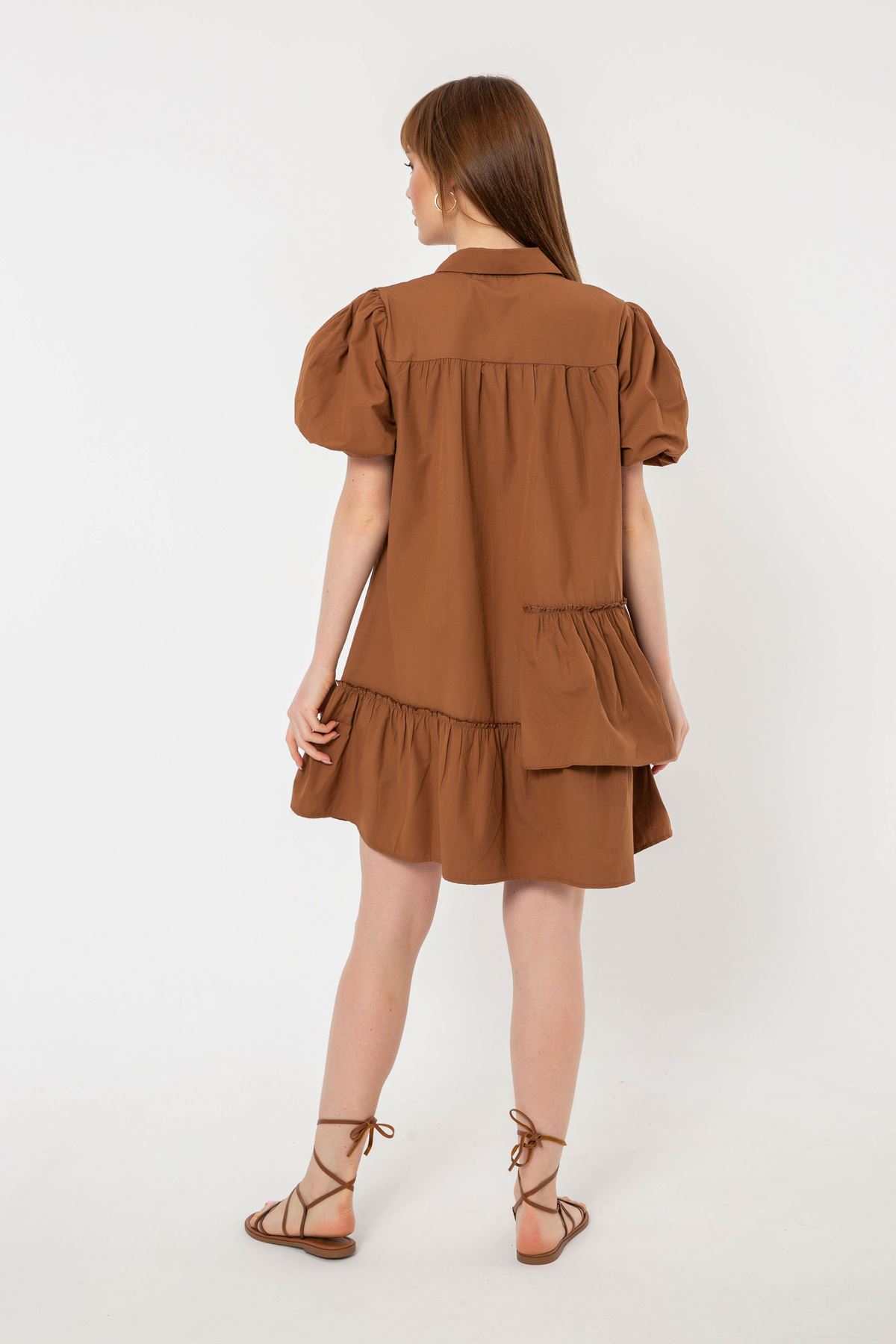 Soft Kumaş Fırfır Detay Salaş Kadın Elbise-Kahve