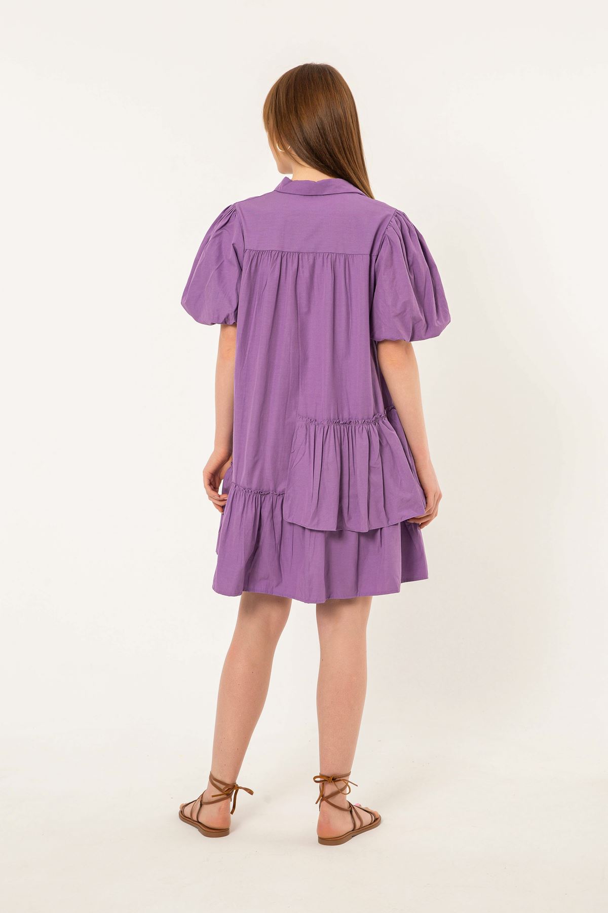 Soft Kumaş Fırfır Detay Salaş Kadın Elbise-Lila