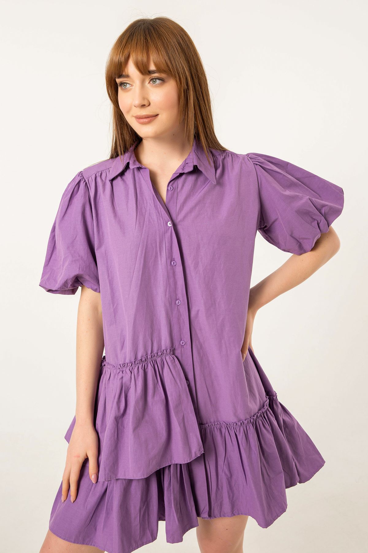 Soft Kumaş Fırfır Detay Salaş Kadın Elbise-Lila
