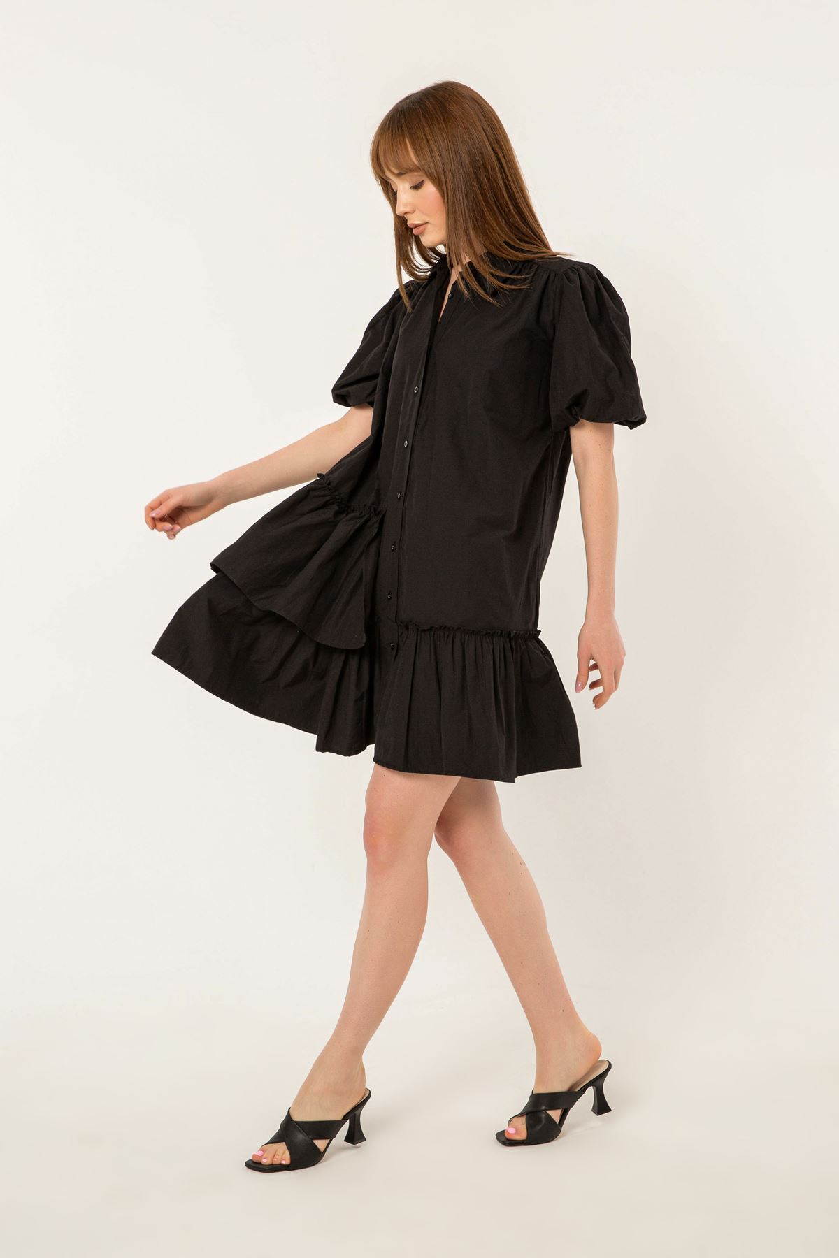 Soft Kumaş Fırfır Detay Salaş Kadın Elbise-Siyah