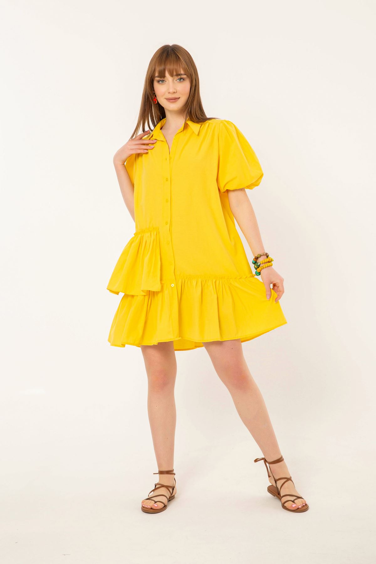 Soft Kumaş Fırfır Detay Salaş Kadın Elbise-Sarı