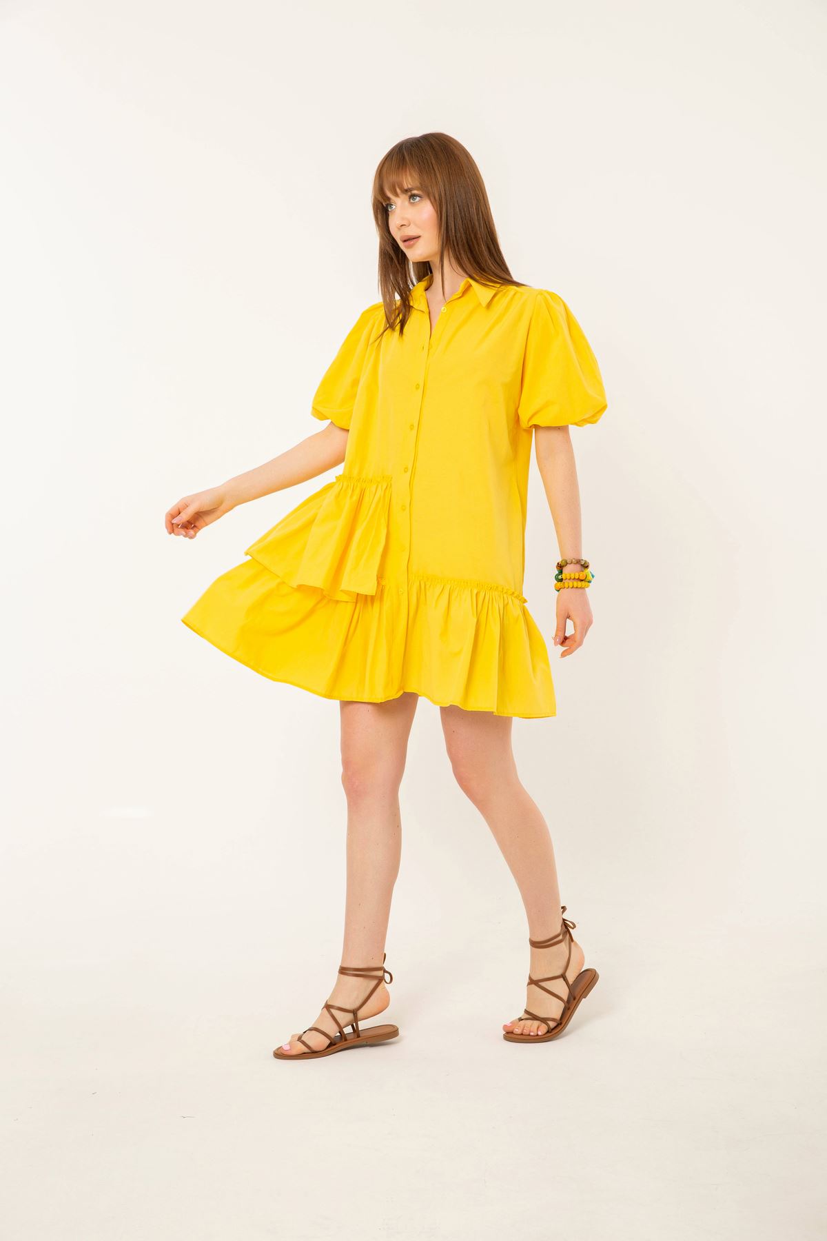 Soft Kumaş Fırfır Detay Salaş Kadın Elbise-Sarı