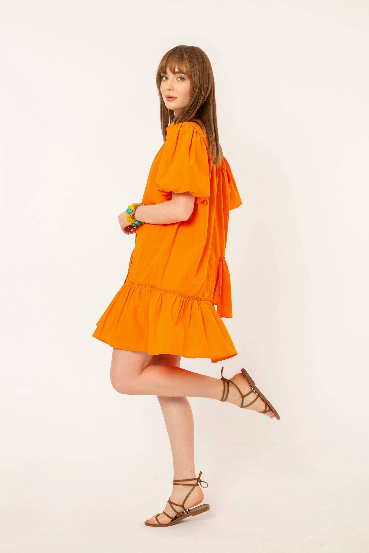 Soft Kumaş Fırfır Detay Salaş Kadın Elbise-Oranj