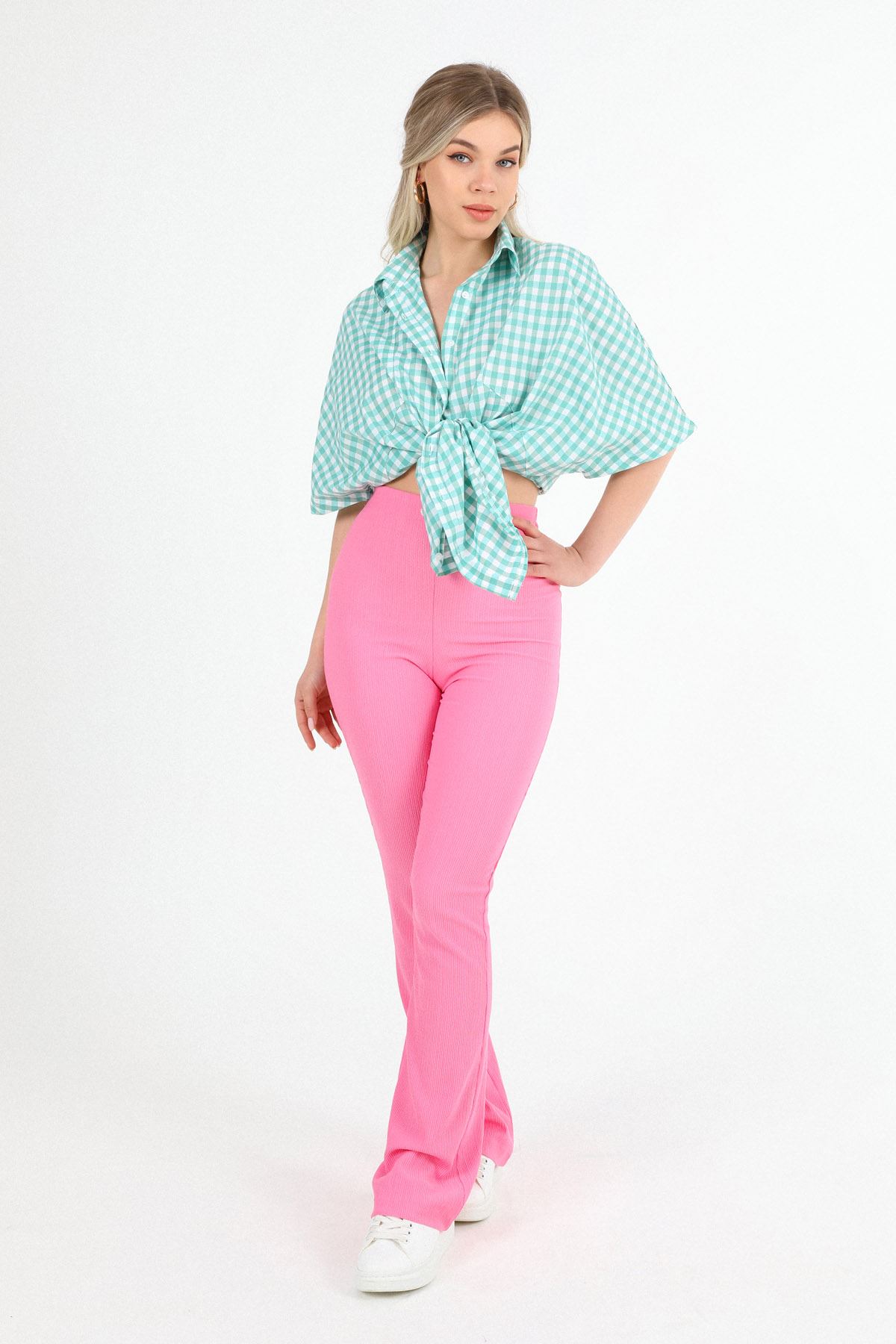 Poplin Fabric Short Sleeve Below Hip Oversize Picquare Women'S Shirt - Mint