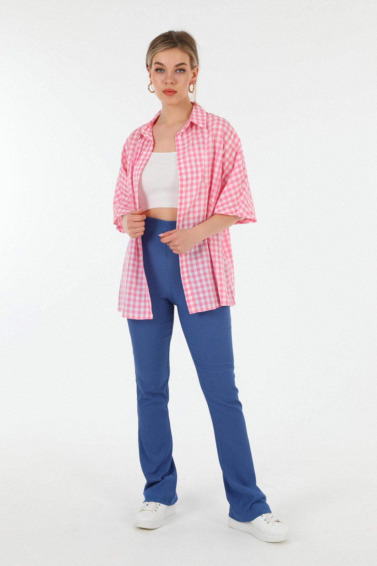Poplin Fabric Short Sleeve Below Hip Oversize Picquare Women'S Shirt - Pink