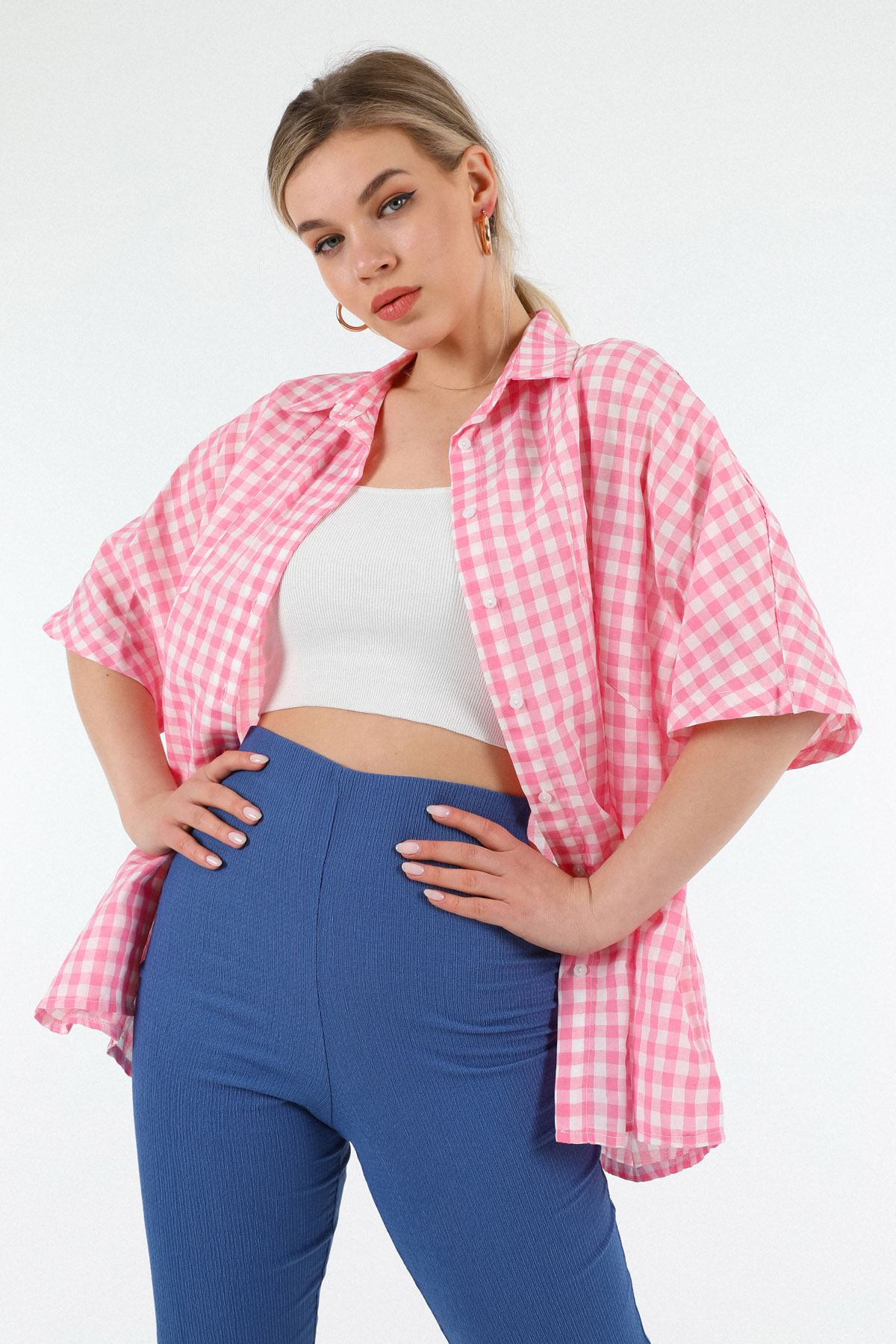 Poplin Fabric Short Sleeve Below Hip Oversize Picquare Women'S Shirt - Pink
