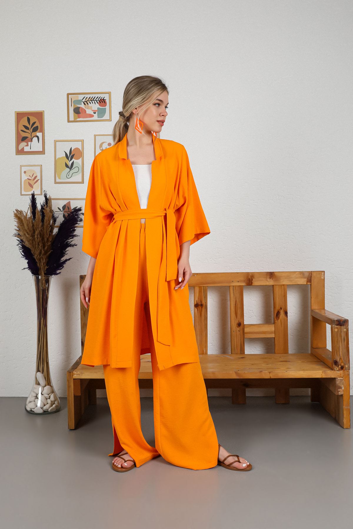 Linen Fabric Long Sleeve Revere Collar Hip Height Comfy Women Jacket-Orange